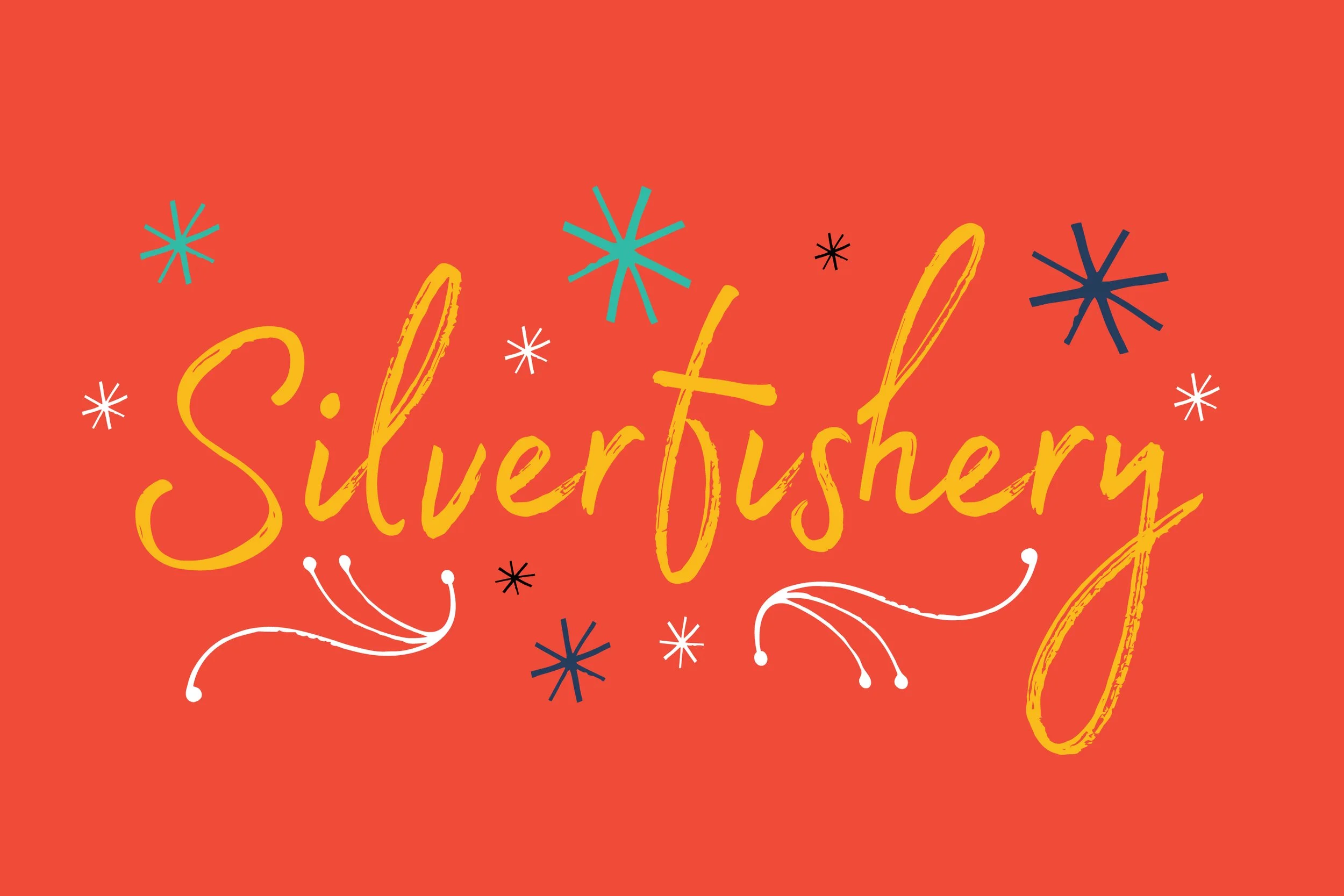 Decorative graphic with the words "Silverfushery" in yellow, surrounded by colorful asterisks and whimsical lines on a red background.