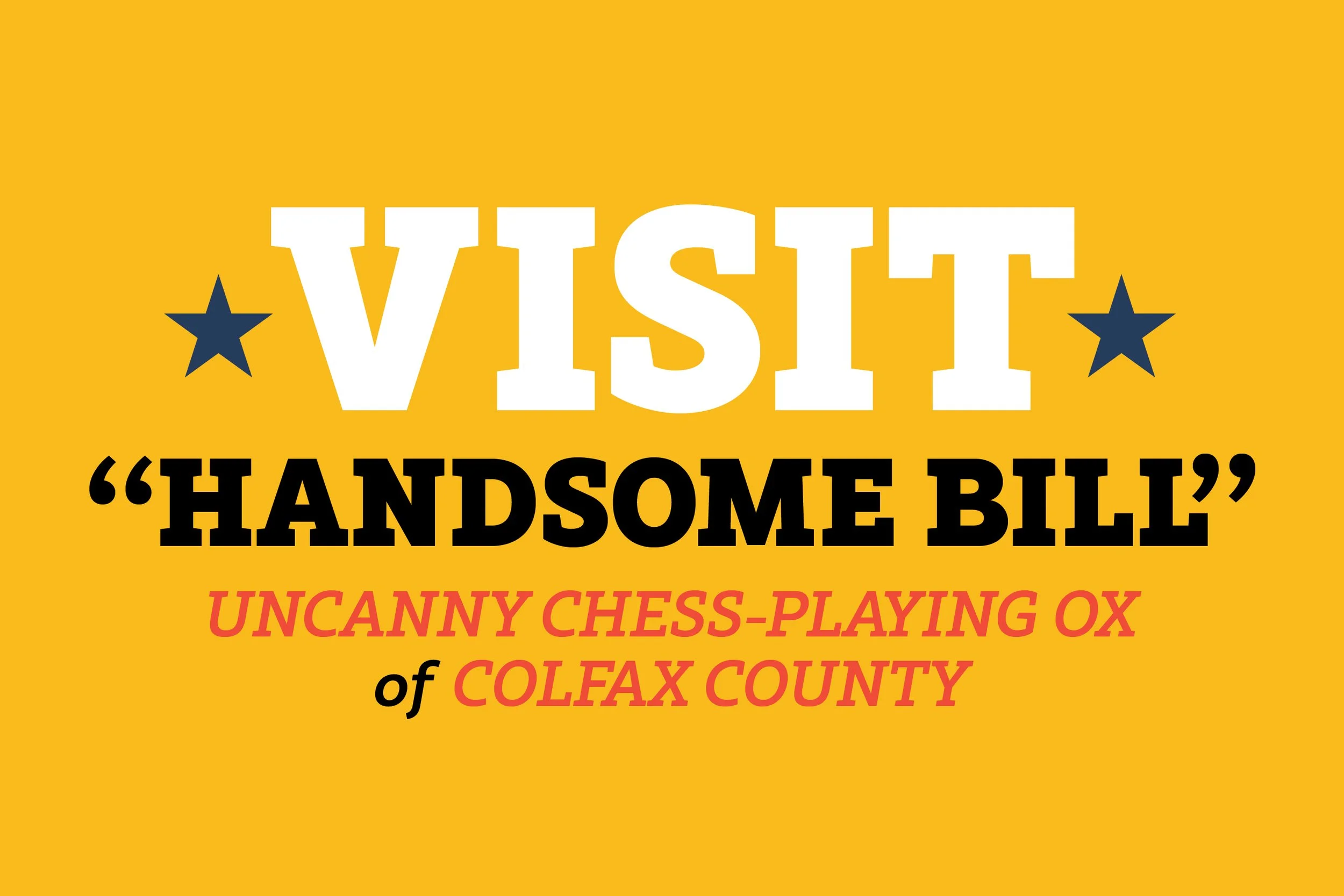 A promotional poster with a yellow background inviting people to visit 'Handsome Bill,' an uncanny chess-playing ox in Colfax County. The word 'VISIT' is large and white, two dark blue stars flank it, and the text below is in black, red, and pink.