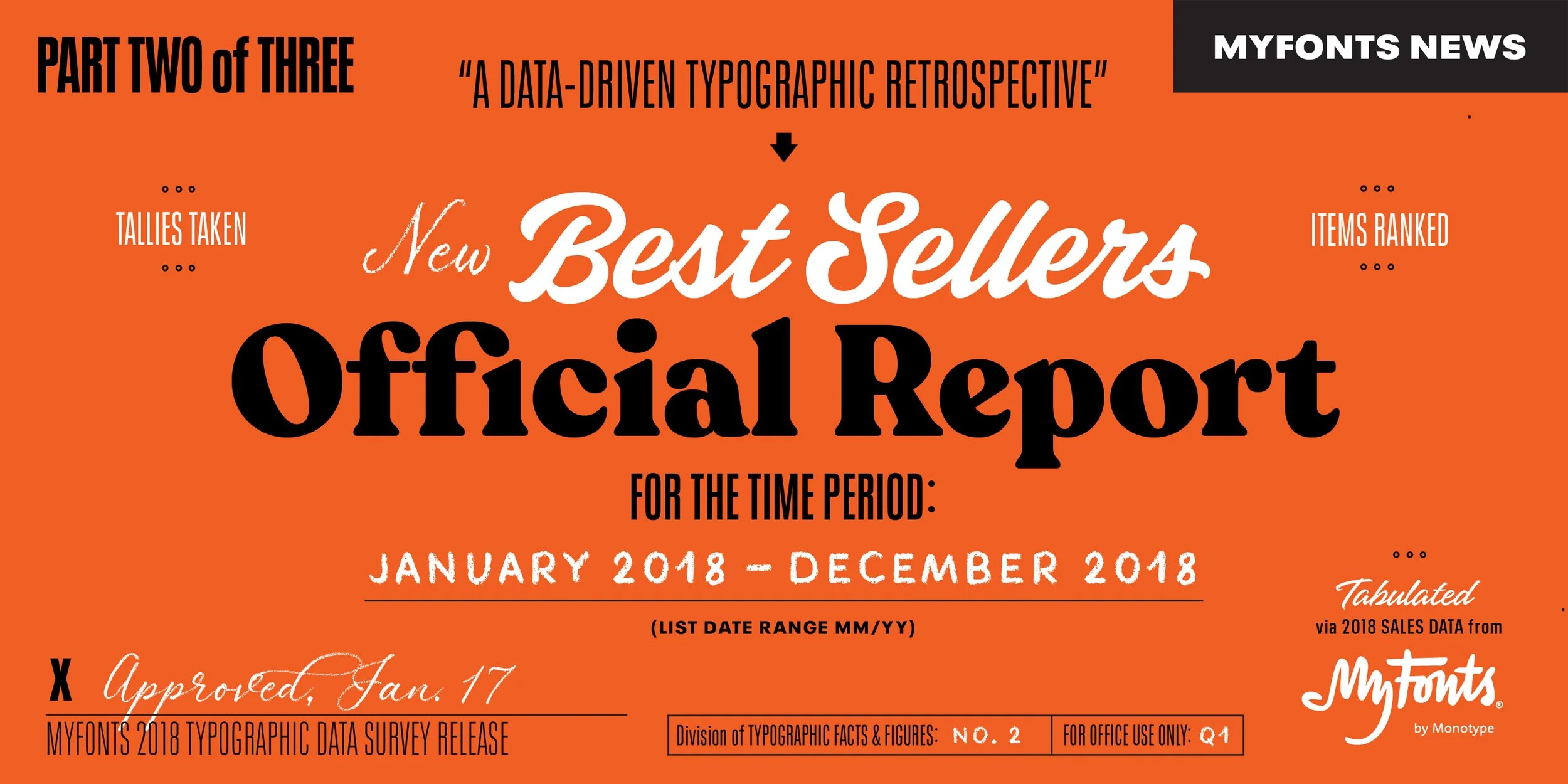 A graphic design titled "Part Two of Three" with the subtitle "A Data-Driven Typographic Retrospective" and the main text "New Best Sellers Official Report". It displays the period "January 2018 – December 2018" and references a survey release by MYF