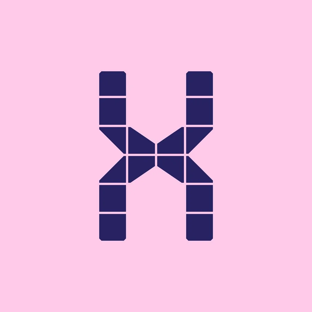 A digital illustration of a human chromosome made of dark blue rectangular blocks, set against a pink background.