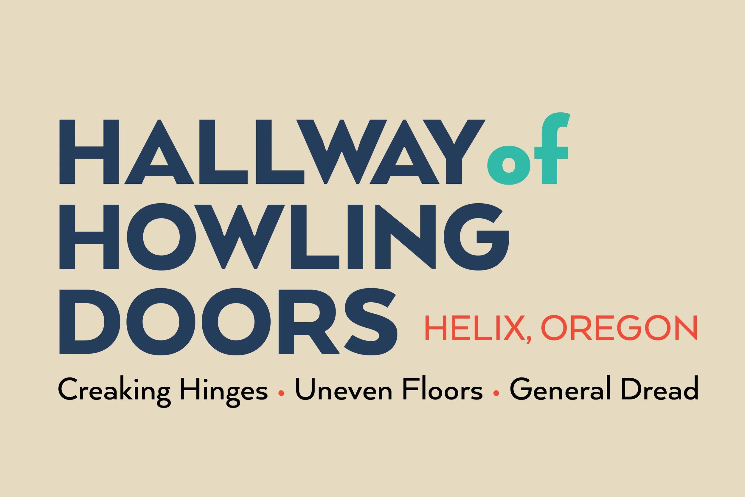 Book cover titled 'Hallway of Howling Doors' by Helix, Oregon, with topics including creaking hinges, uneven floors, and general dread.