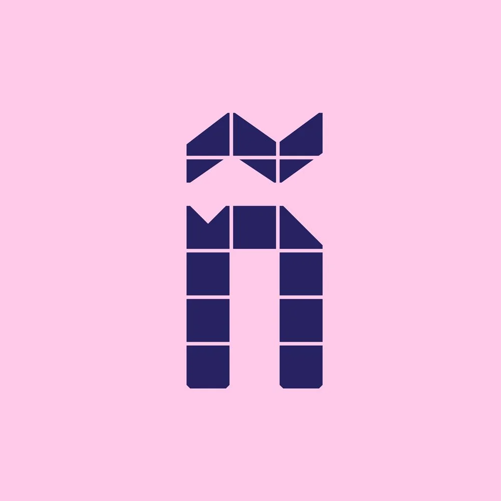 A digital illustration of a letter 'M' and 'N' made with dark blue geometric shapes on a pink background.