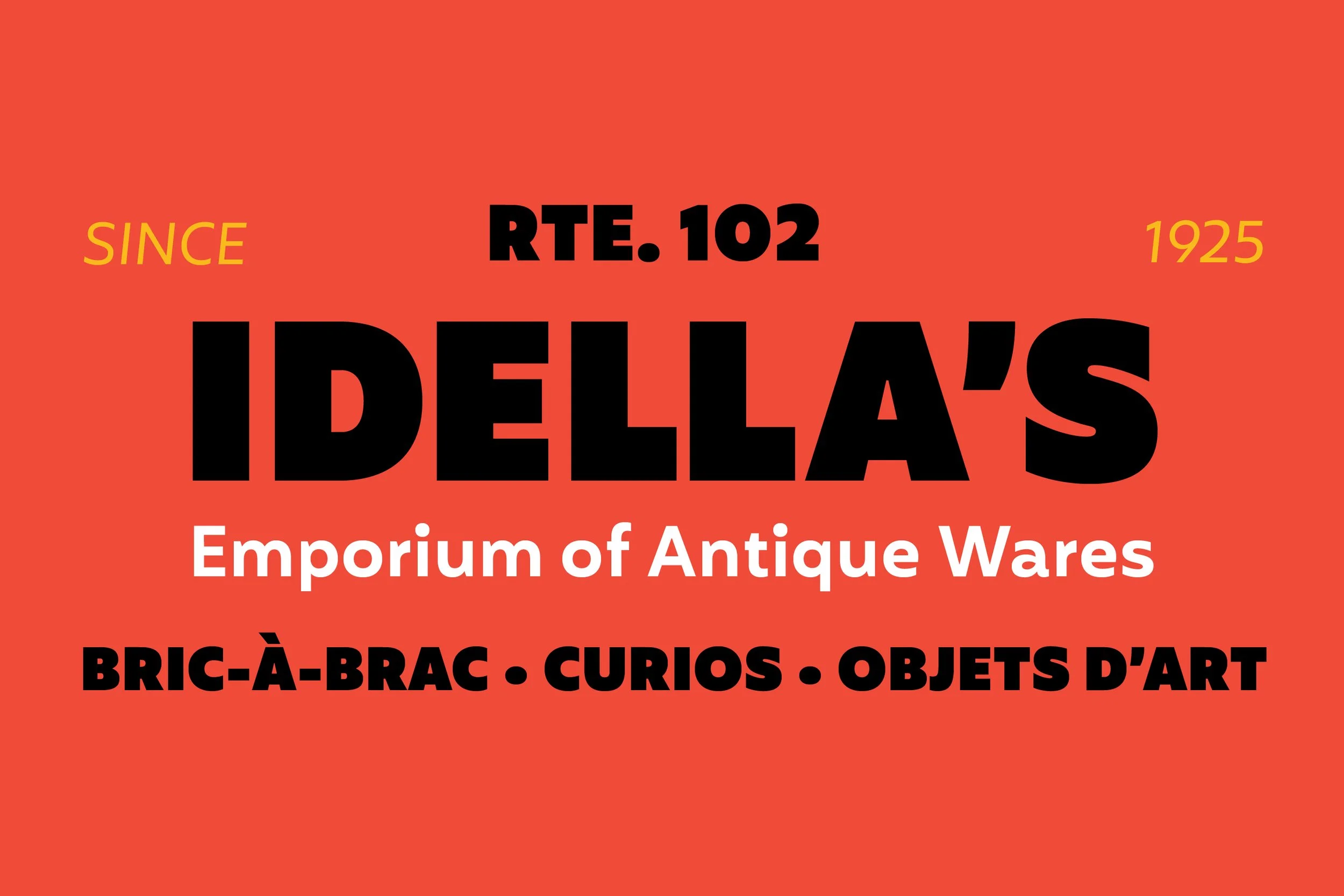 Red background poster for Dellas Emporium of Antique Wares, featuring bold black, white, and yellow text about the store's history and offerings.