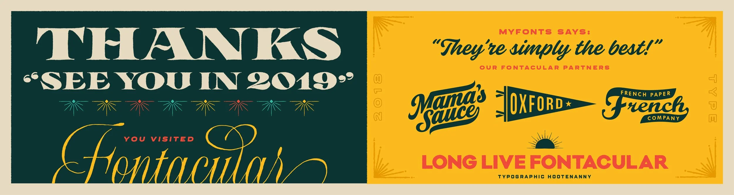 A graphic image with a dark green background on the left side and a yellow background on the right side. The left side features large white text that says 'Thanks 'See You in 2019' and smaller red and yellow cursive text reading 'You visited Fontacul