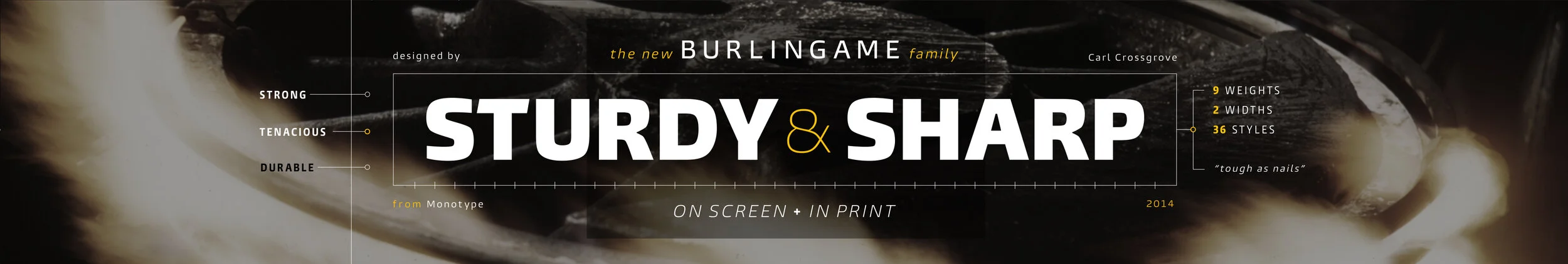 Design layout for Burlingame family showcasing the font Sturdy & Sharp with features: strong, tenacious, durable, providing on-screen and printed options, with details about weights, widths, and styles from 2014.