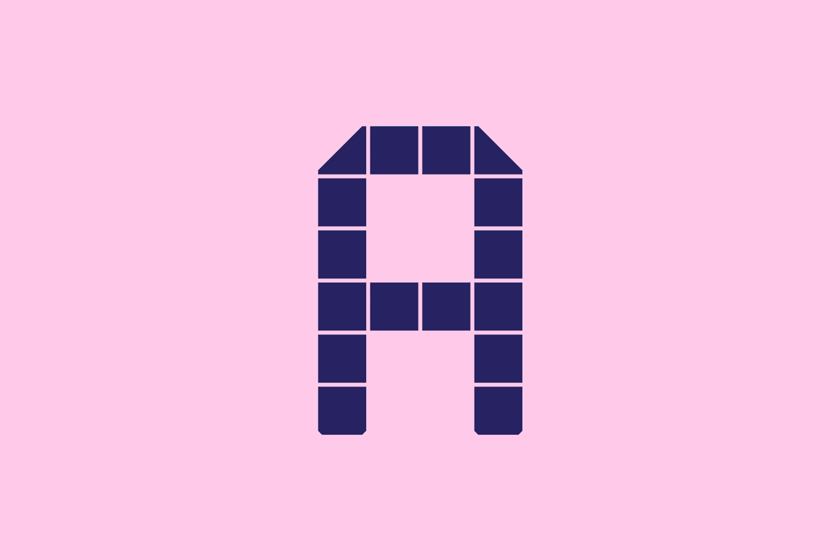 Pink background with a stylized letter A composed of dark blue rectangular blocks.