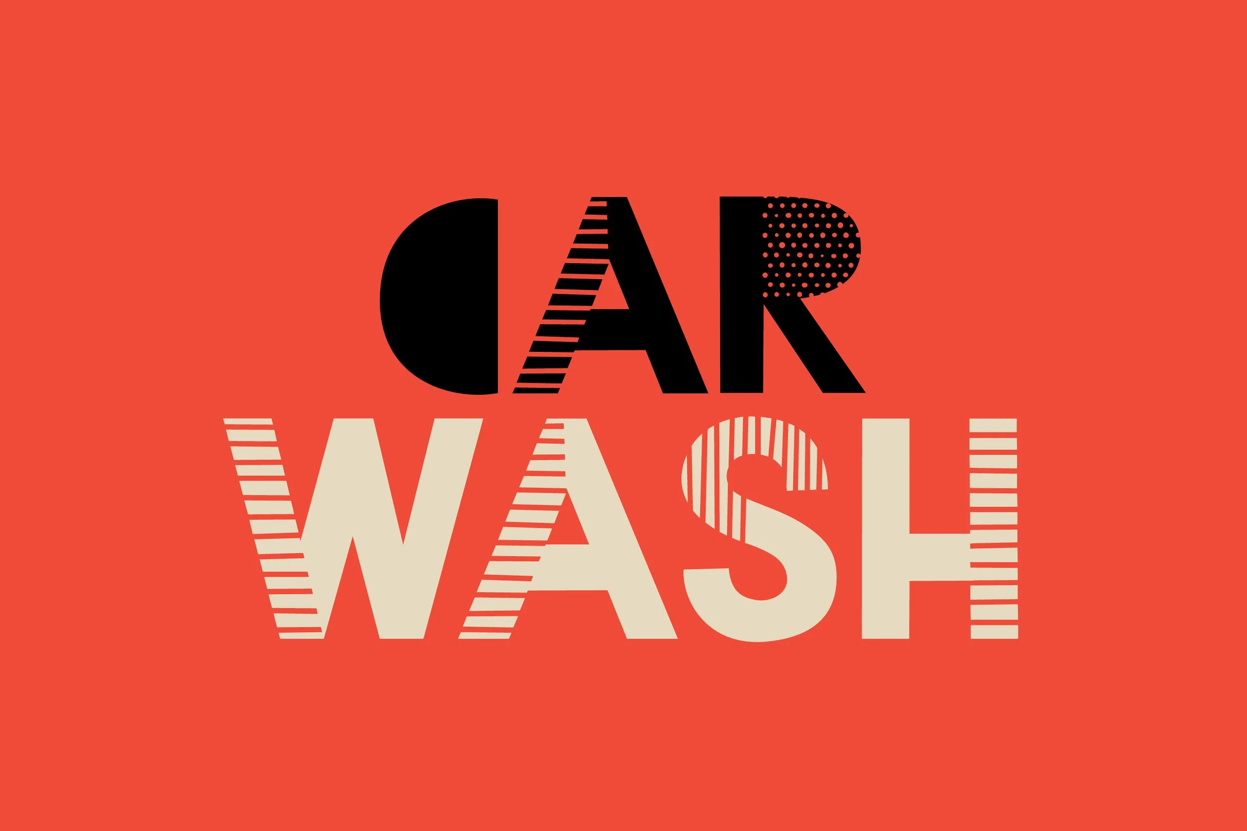 Bold text reading 'CAR WASH!' with each word in different fonts and colors on a red background.