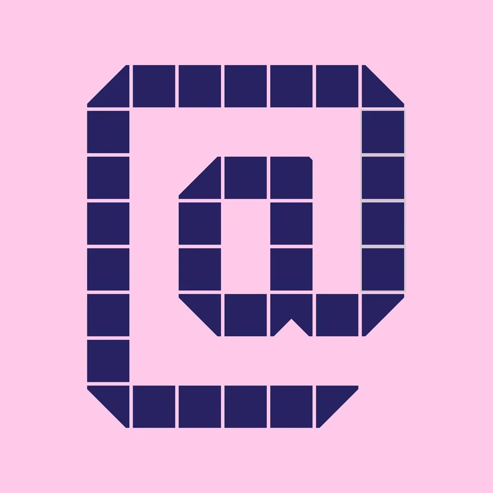 Graphic of a stylized letter 'Q' made of dark blue squares on a pink background.