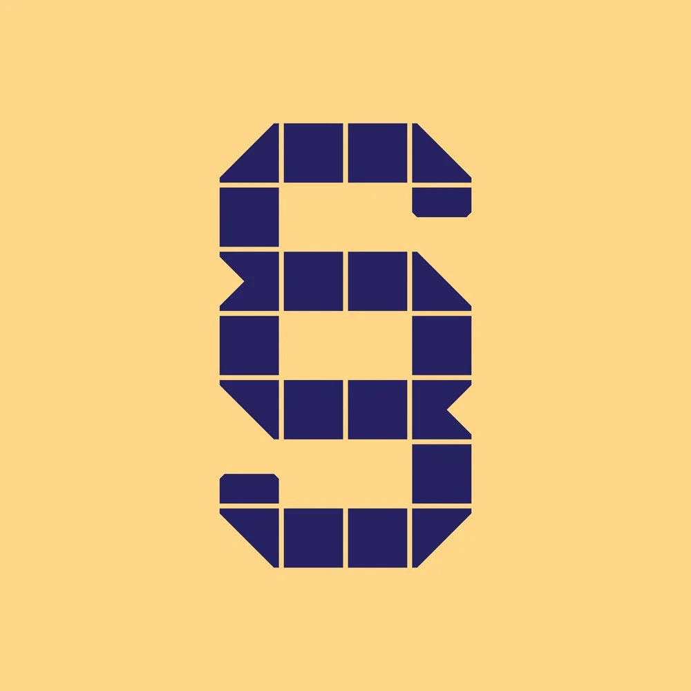 A digital illustration of the dollar sign ($) made up of dark blue square and triangle shapes on a beige background.
