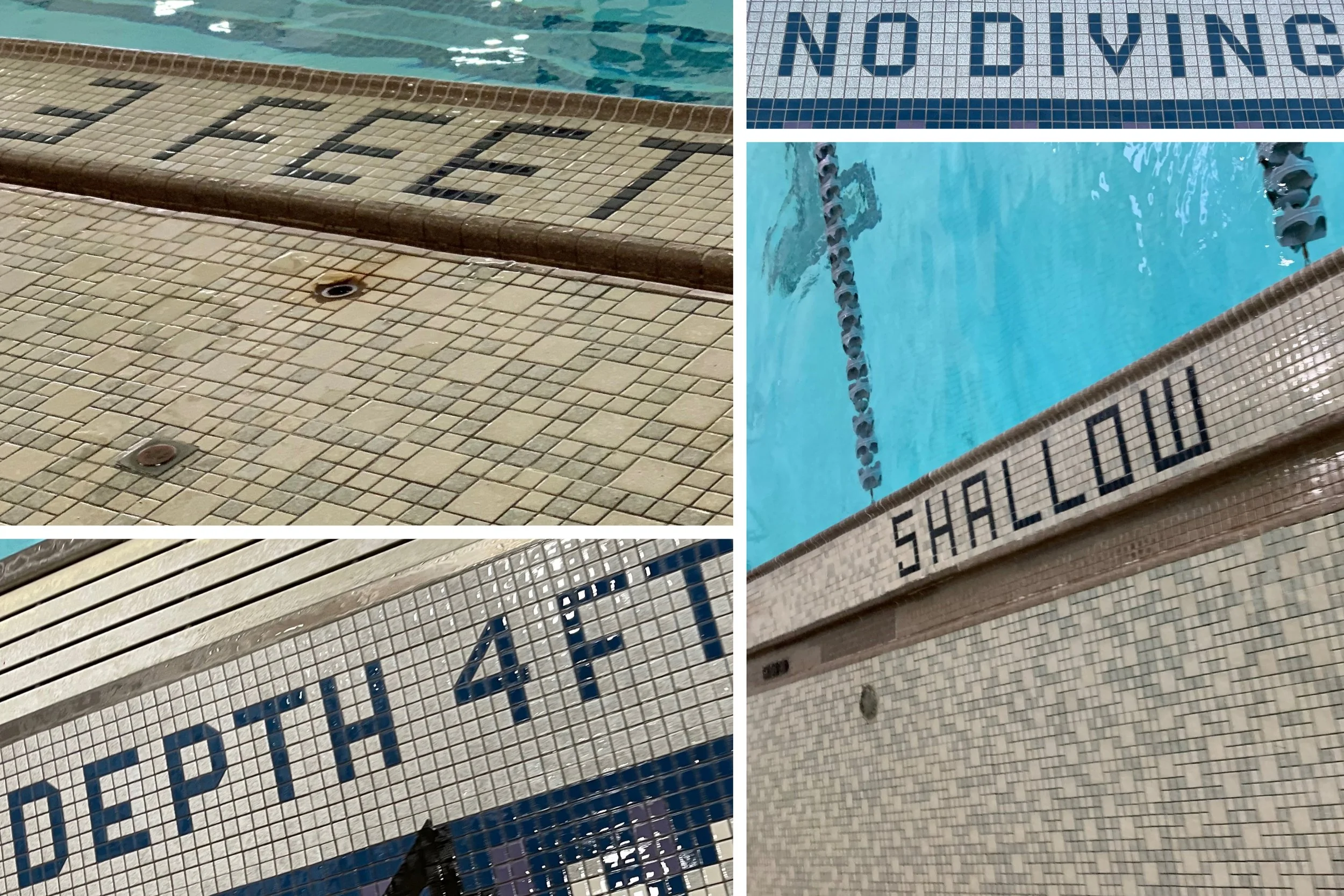 Close-up view of a swimming pool with tiled edges, displaying signs such as 'NO DIVING', 'SHALLOW', and 'DEEP WATER', along with pool lane markers and drain covers.