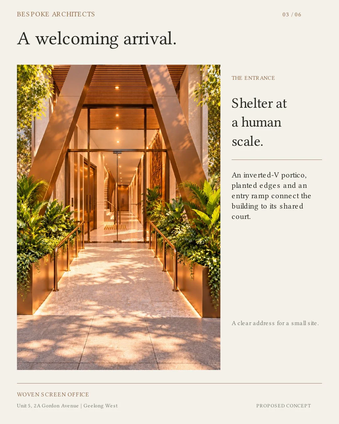 Modern architectural entrance with a V-shaped portico, leafy plants in copper planters, and a glass door leading to an interior corridor, bathed in warm natural light.