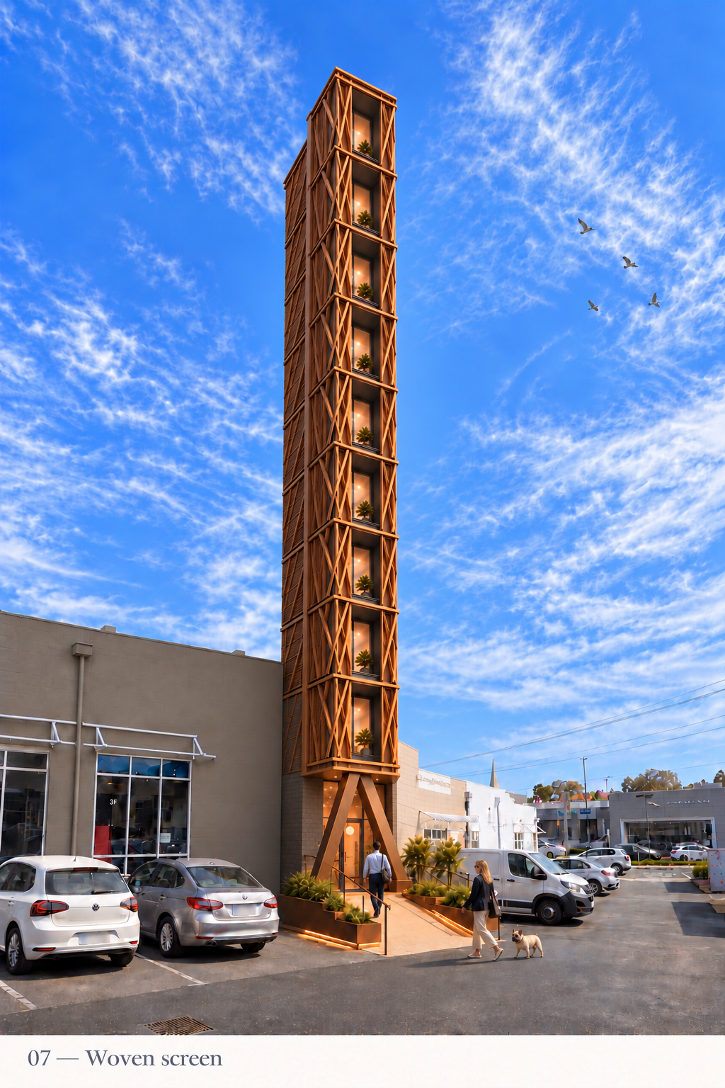 A tall, modern wooden tower with multiple levels, each featuring potted plants, set against a partly cloudy blue sky with birds flying nearby. The tower is adjacent to a parking lot with cars and a commercial building, with two people and a dog walking towards the entrance.