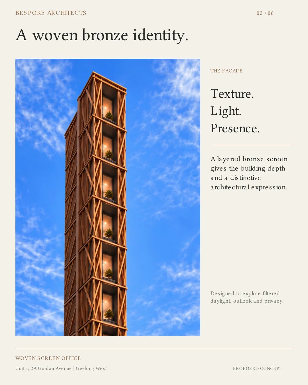 A tall building with woven bronze exterior, featuring multiple balconies with plants, set against a blue sky with clouds.