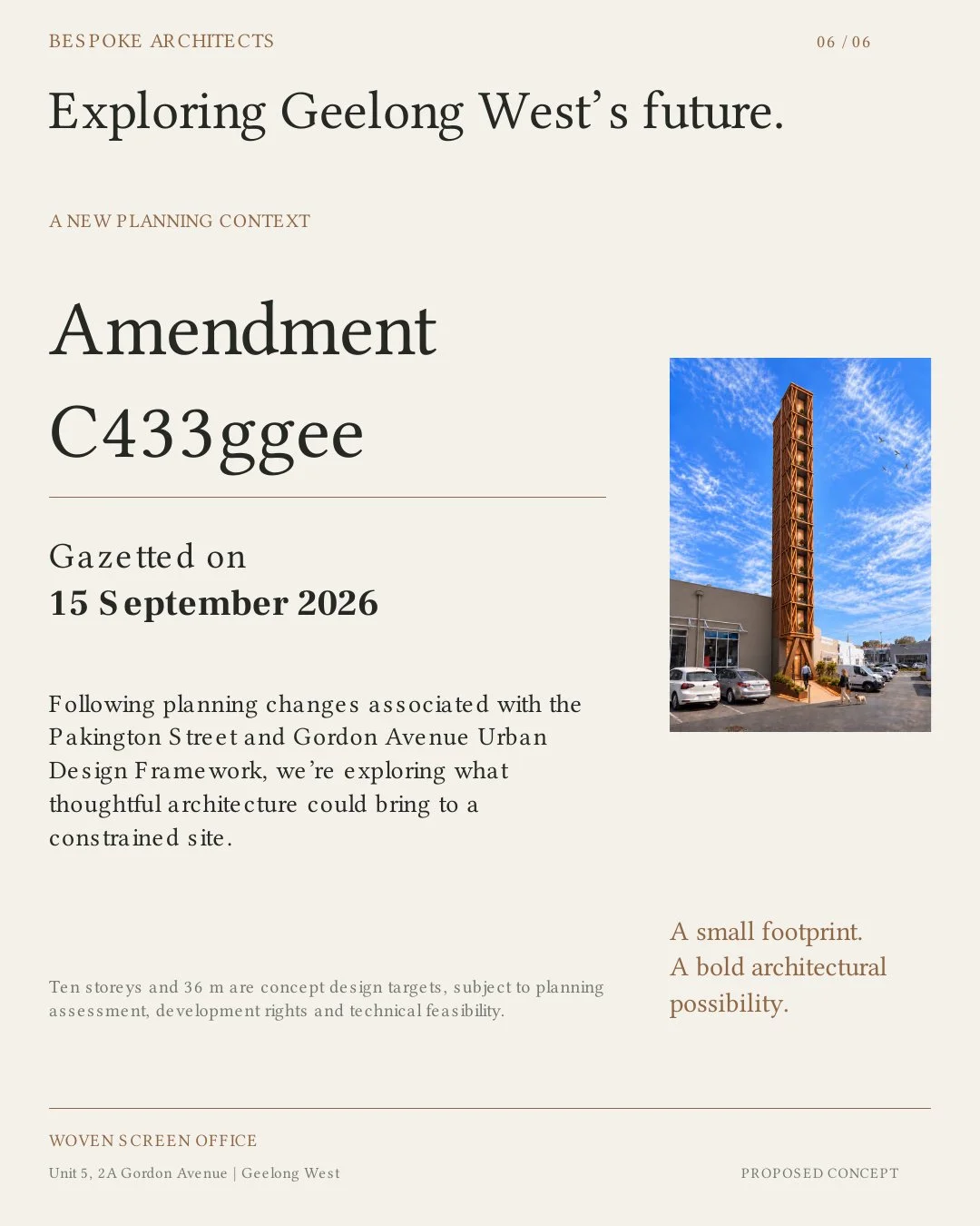 A planning document from Bespoke Architects titled "Exploring Geelong West's future." It mentions a proposed amendment to C433gge, gazetted on September 15, 2026, with a small photo of a tall, narrow wooden building structure against a blue sky with 