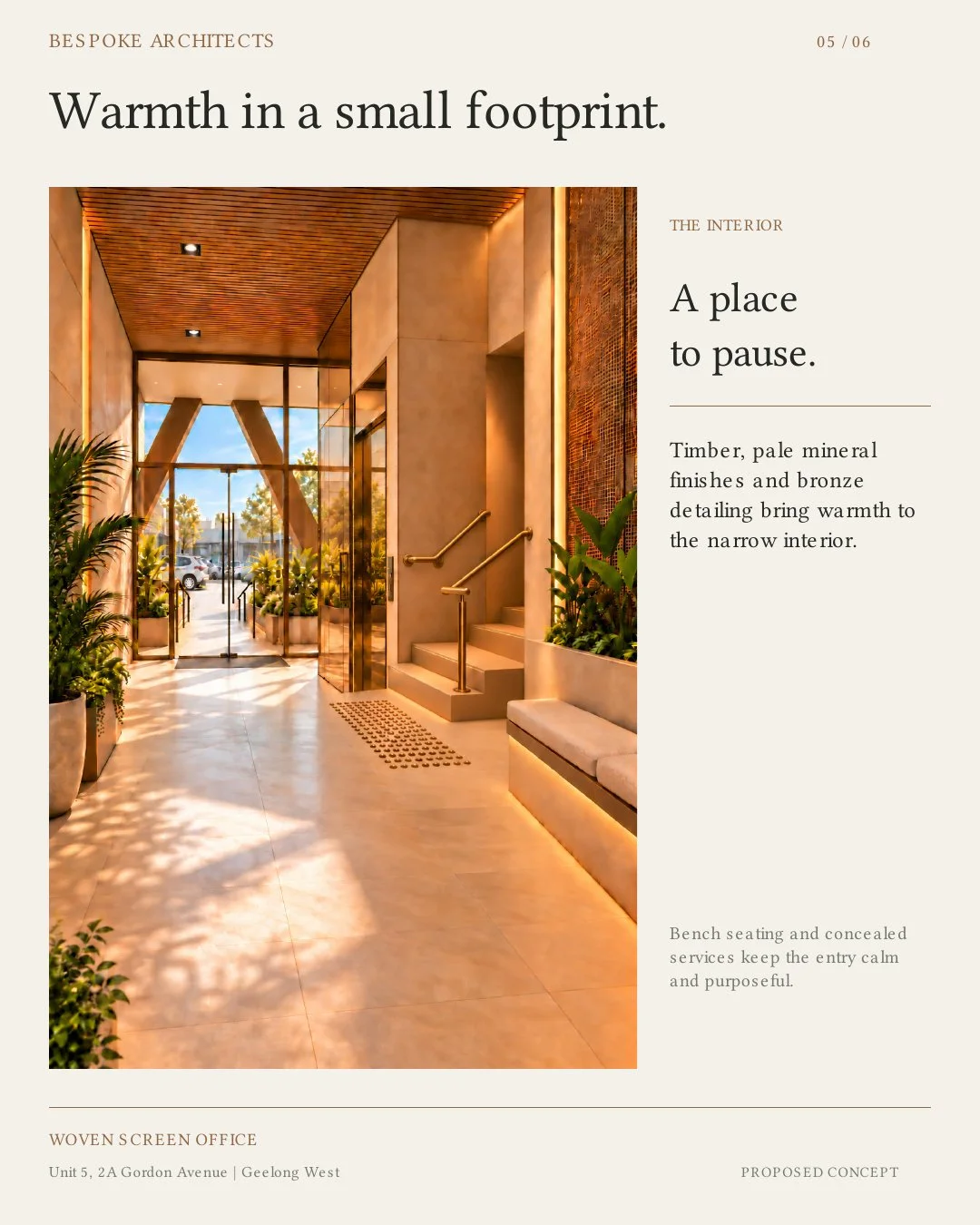A modern lobby with glass entrance doors, wooden ceiling, brass railings, potted plants, and natural sunlight streaming in.