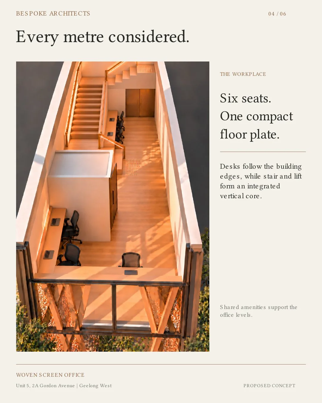An aerial view of a modern office space with two desks, chairs, a staircase, and a small enclosed area, set on a wooden floor with a balcony and outdoor greenery.