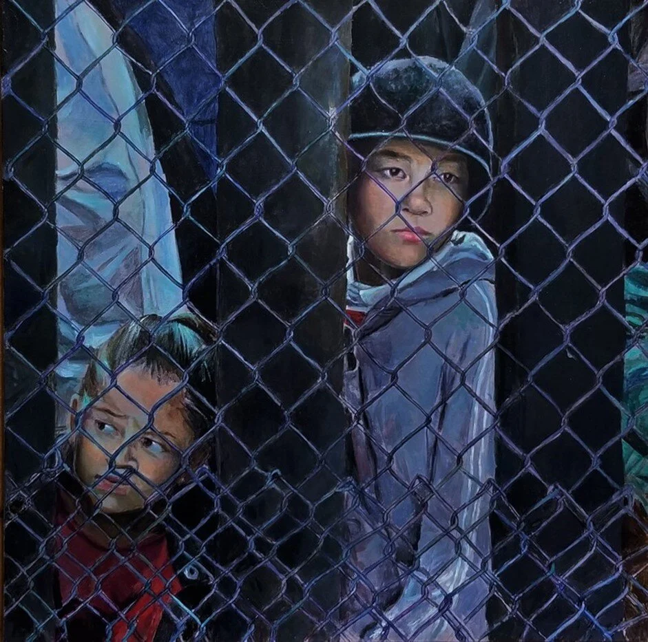 Title: ARE WE AN INHUMAN SOCIETY?  Children Isolated from their parents are dying in immigration detention centers without food and medical attention, they are within barbed wire cages in the detention centers.   Artist: Garay Bazán (Luis A. Garay. U