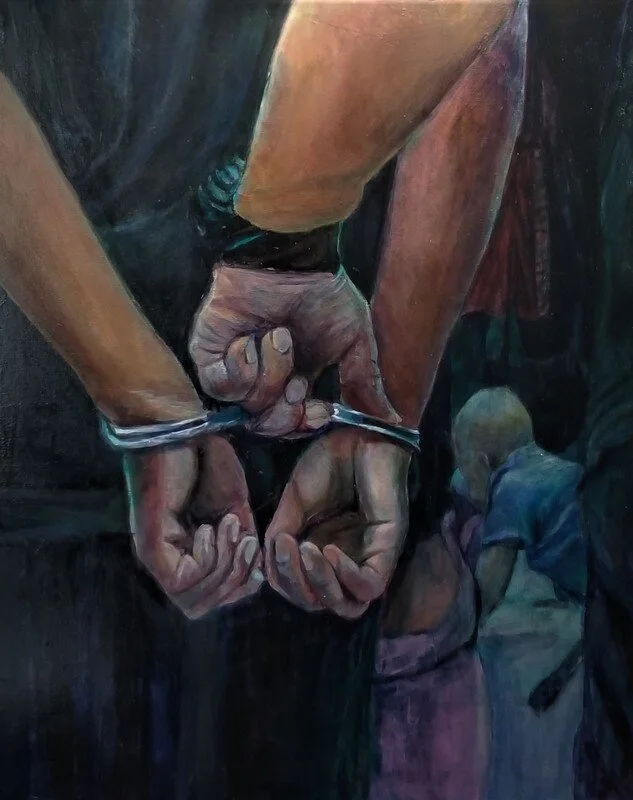 Title: BABY ABANDONED  AND FATHER HANDCUFFED.  Father handcuffed and his baby abandoned in immigration detention center.   Artist: Garay Bazán (Luis A. Garay.USA. Luis Alberto Garay Bazán.PER;  American, born Perú, 1965) Date: 2019. Medium: Acrylic o