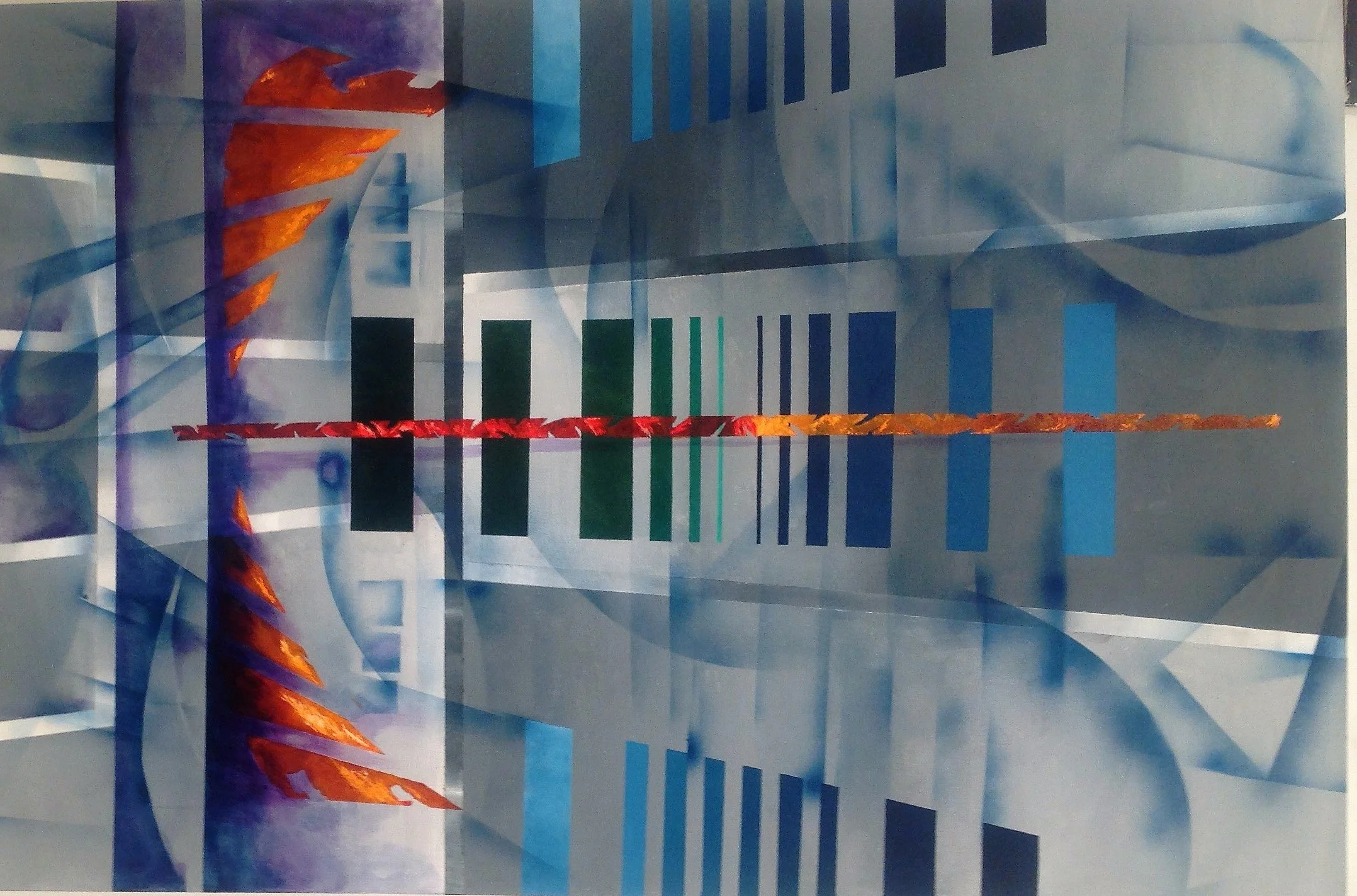 Title: 14 INTO THE LASER     Artist: Garay Bazán (American, born Perú, 1965) Date: 2014. Medium:   Acrylic on canvas. Dimensions: 48 in X 72 in Classification: Paintings. Credit Line: Garay Bazán Collection, 2014 Object Number: 01.113.14  Curatorial 