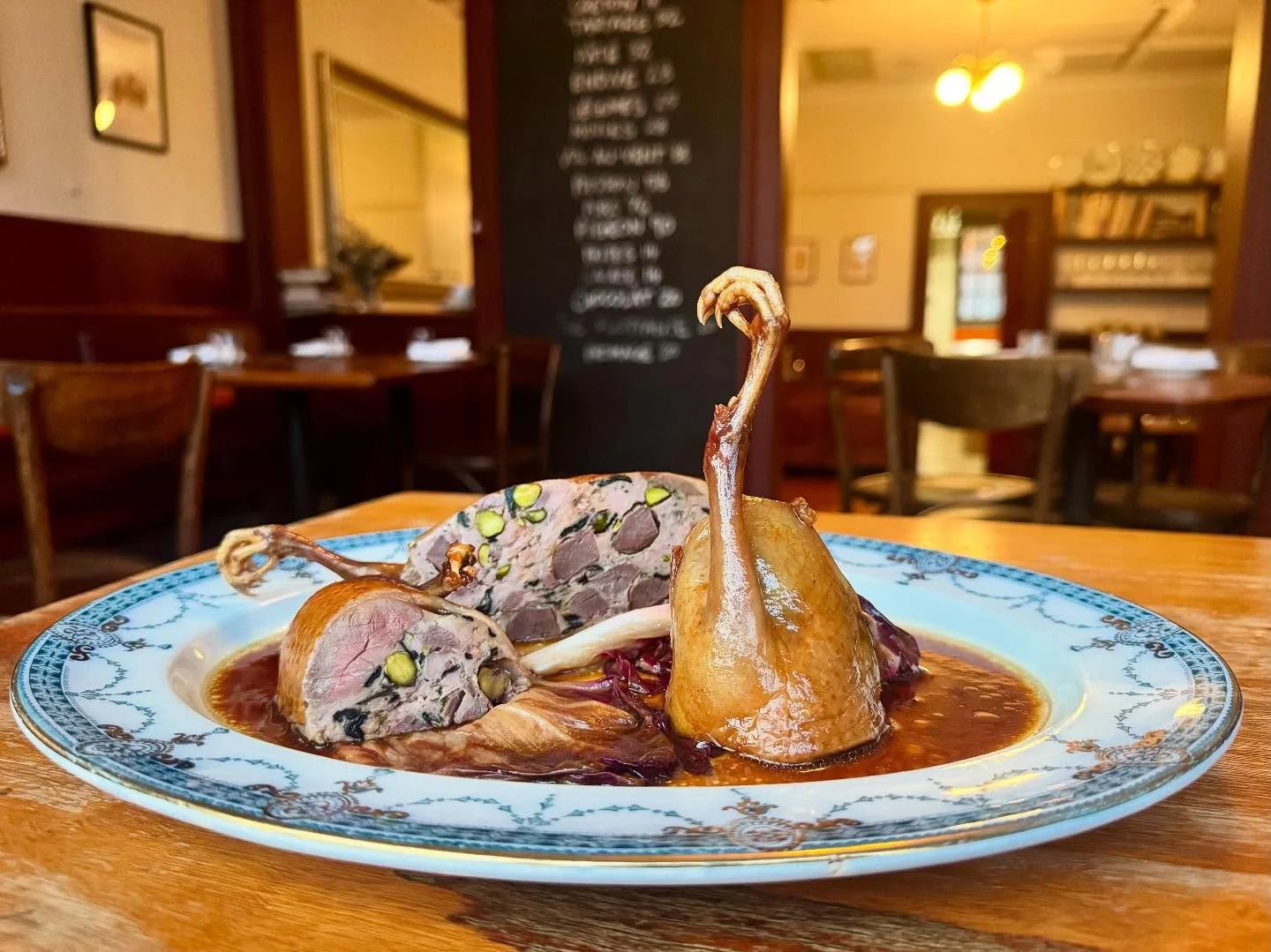 Confit &ldquo;Dodine&rdquo; of Pigeon with Pistachio, Trompette Mushrooms &amp; Duck Gizzards. Served with Radicchio &amp; Raisin Marmalade  and a Jus Gras finished with Pineau des Charentes.

#enterthroughthegiftshop