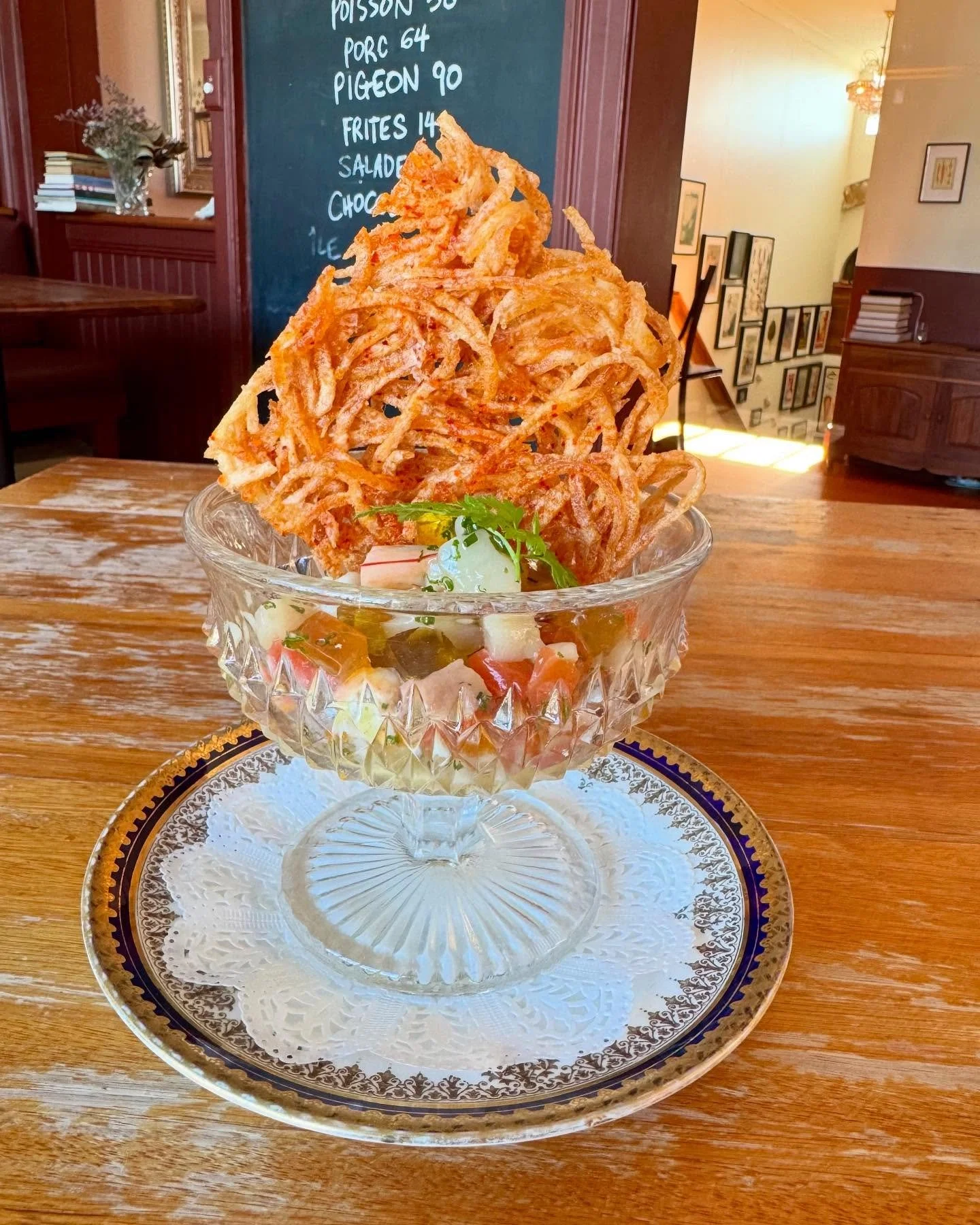 &ldquo;Tartare Fruits de Mare&rdquo; 
Featuring Scallops, Ocean Trout, King Prawns &amp; Jellied Crab Consomm&eacute; dressed with Lobster Vinaigrette care of @cura.seasonings 
Served with Rouille and a nest of fried Potato seasoned with Espelette Pe