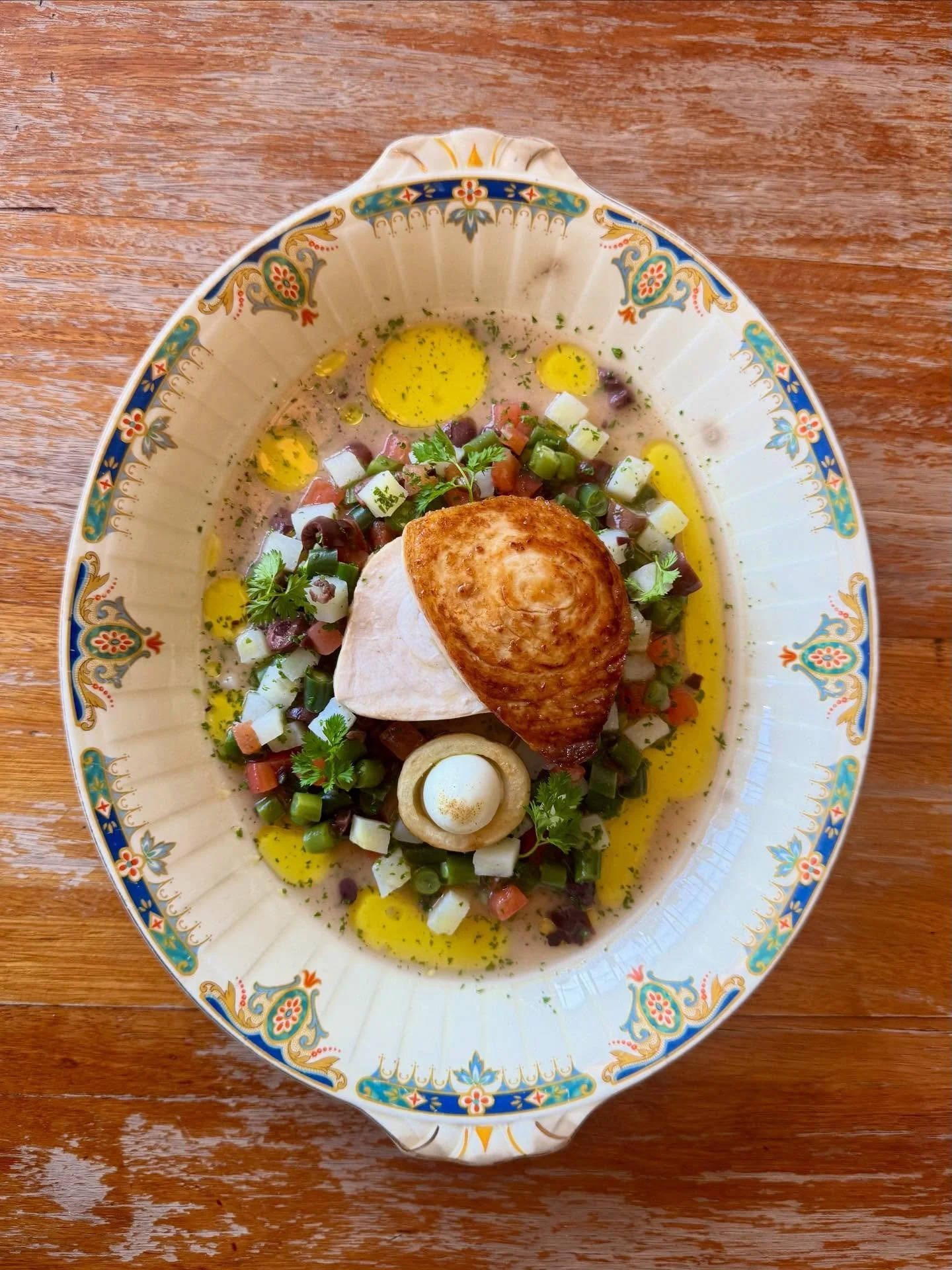 Roasted Swordfish in a Warm Ni&ccedil;oise Vinaigrette and a little Baked Potato filled with a Soft Quails Egg &amp; Anchovy Mayonnaise. 

#enterthroughthegiftshop