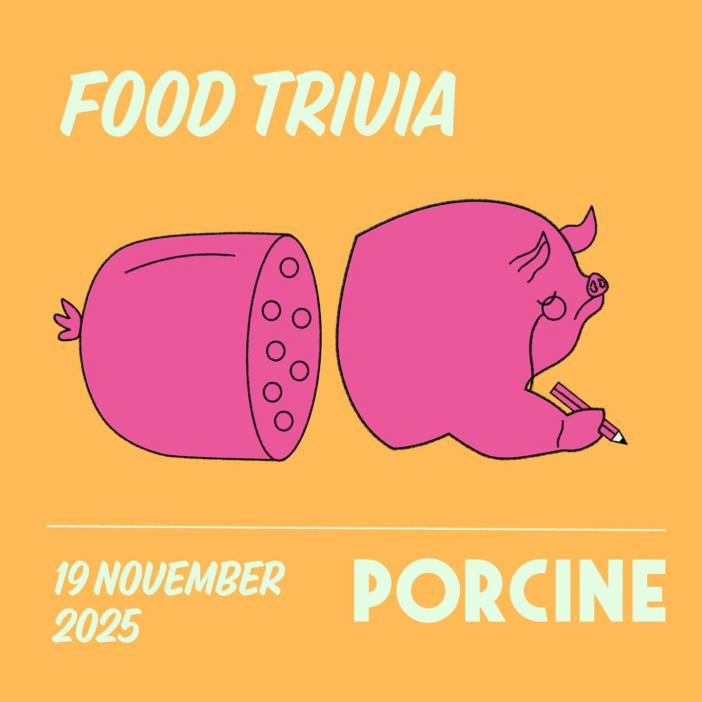 Ding, ding. Food Trivia is back for the last time this year! 

Wednesday November 19 marks round 10 of Porcine Food Trivia.

With a 6:30 PM start, a $100 4 course menu will be served on the night with 3 rounds of trivia.

Tables are for teams of 4 on