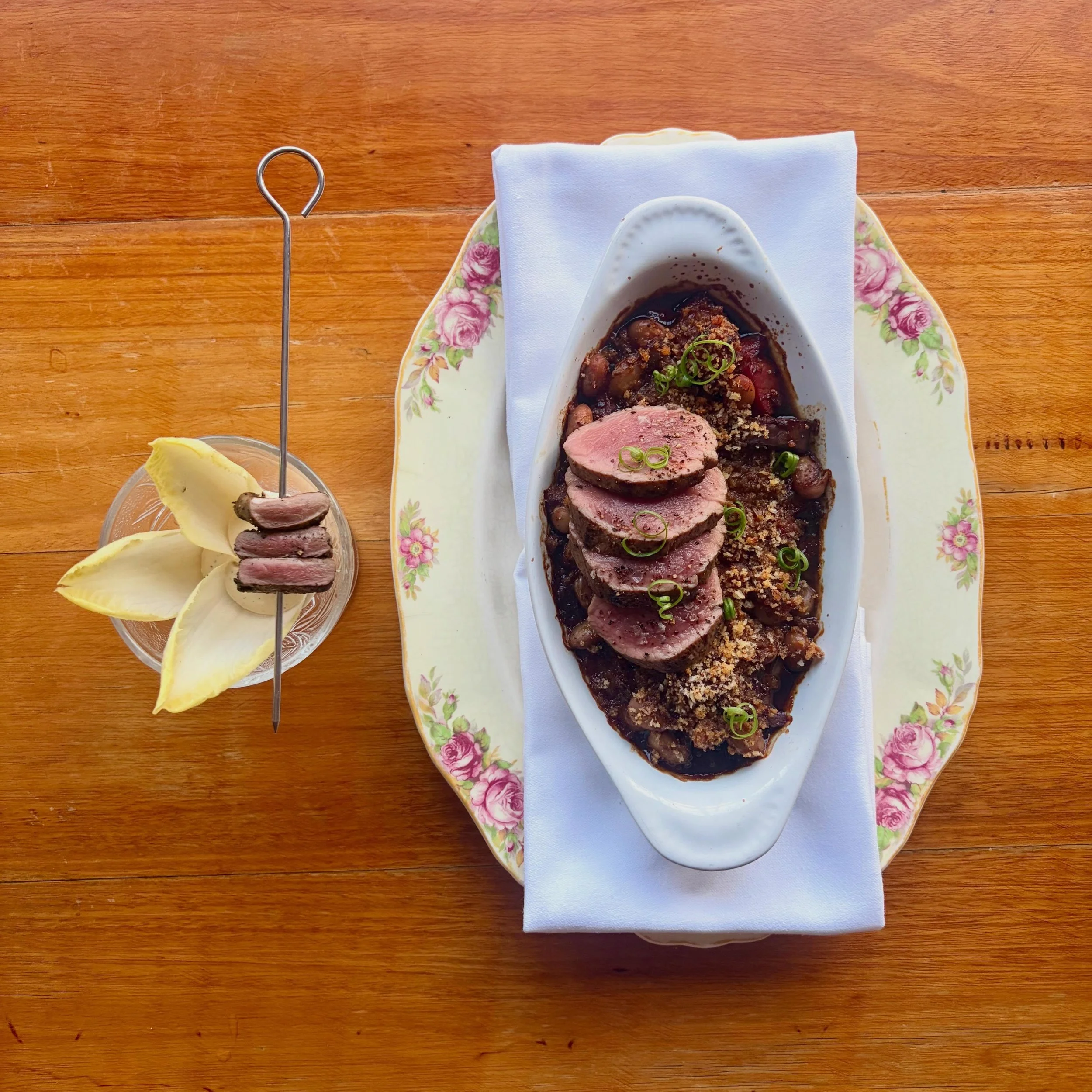 &ldquo;Cassoulet&rdquo; of Wild Shot Fallow Deer.
Made with fresh borlotti beans, braised shoulder, venison sausage, red wine and smoked pork belly cooked in wild deer stock. Served with the roasted loin and a sidecar of grilled heart glazed in vermo