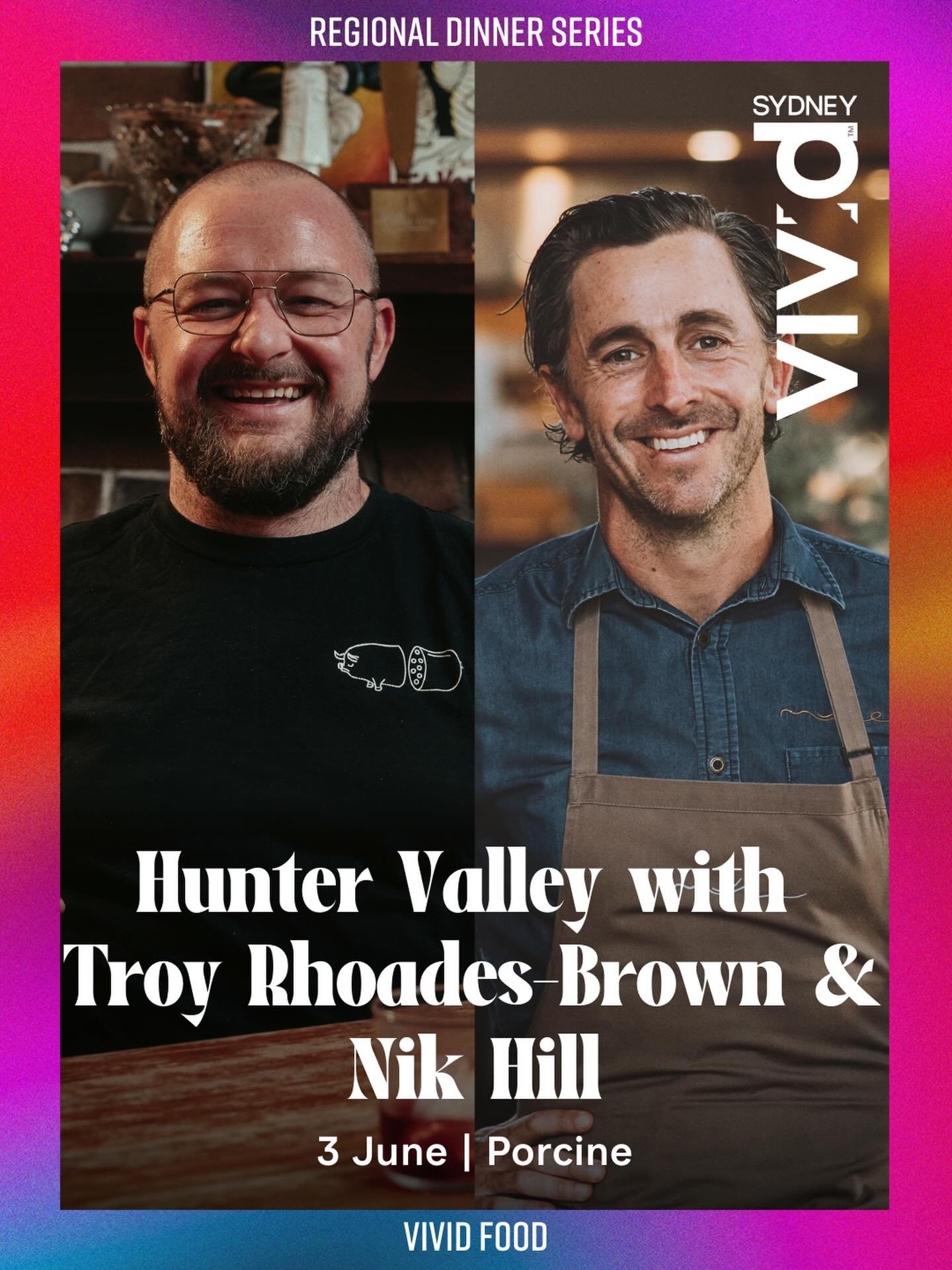 Vivid Regional Dinner Series comes to Porcine for one night only this Monday June 3rd.
Celebrating the Hunter Valley, Muse Restaurant chef Troy Rhoades-Brown teams up with Nik Hill to cook a menu based heavily around Troy&rsquo;s incredible garden an