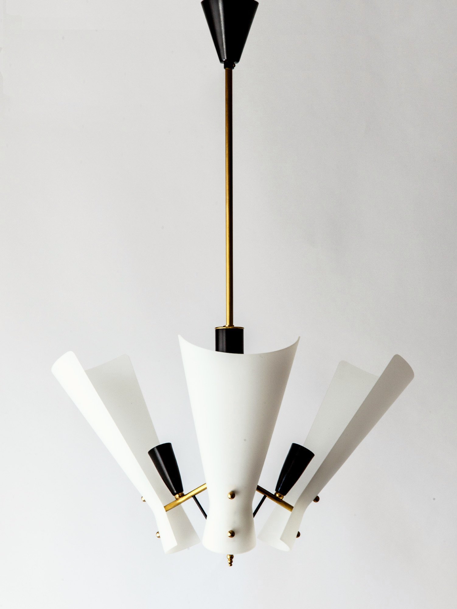 Italian Modernist Opaque Glass & Brass Chandelier, 1960s