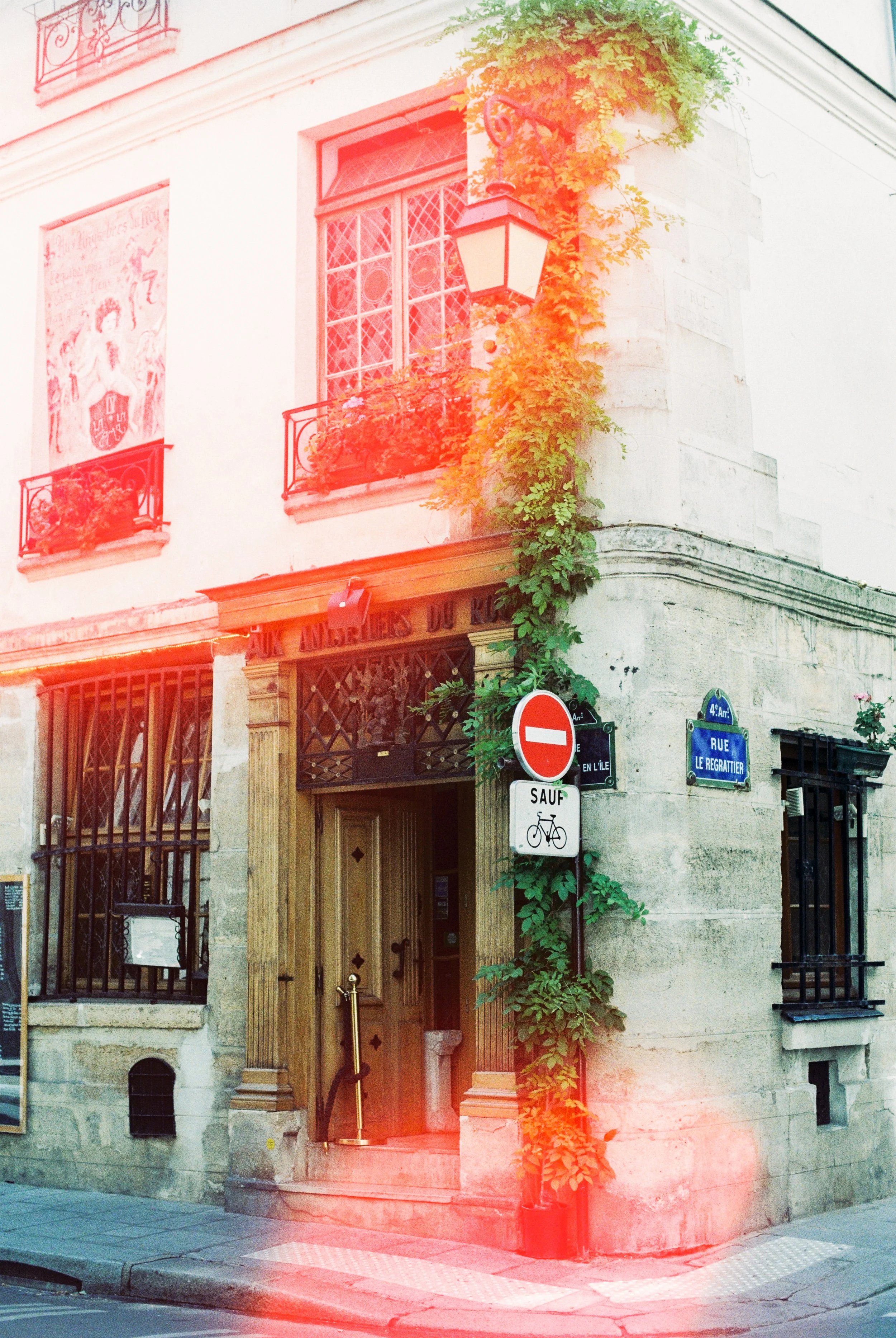 Corner building with wooden door, black metal window bars, green climbing plants, street signs, and a street name sign for Rue Le Regattier in Paris.