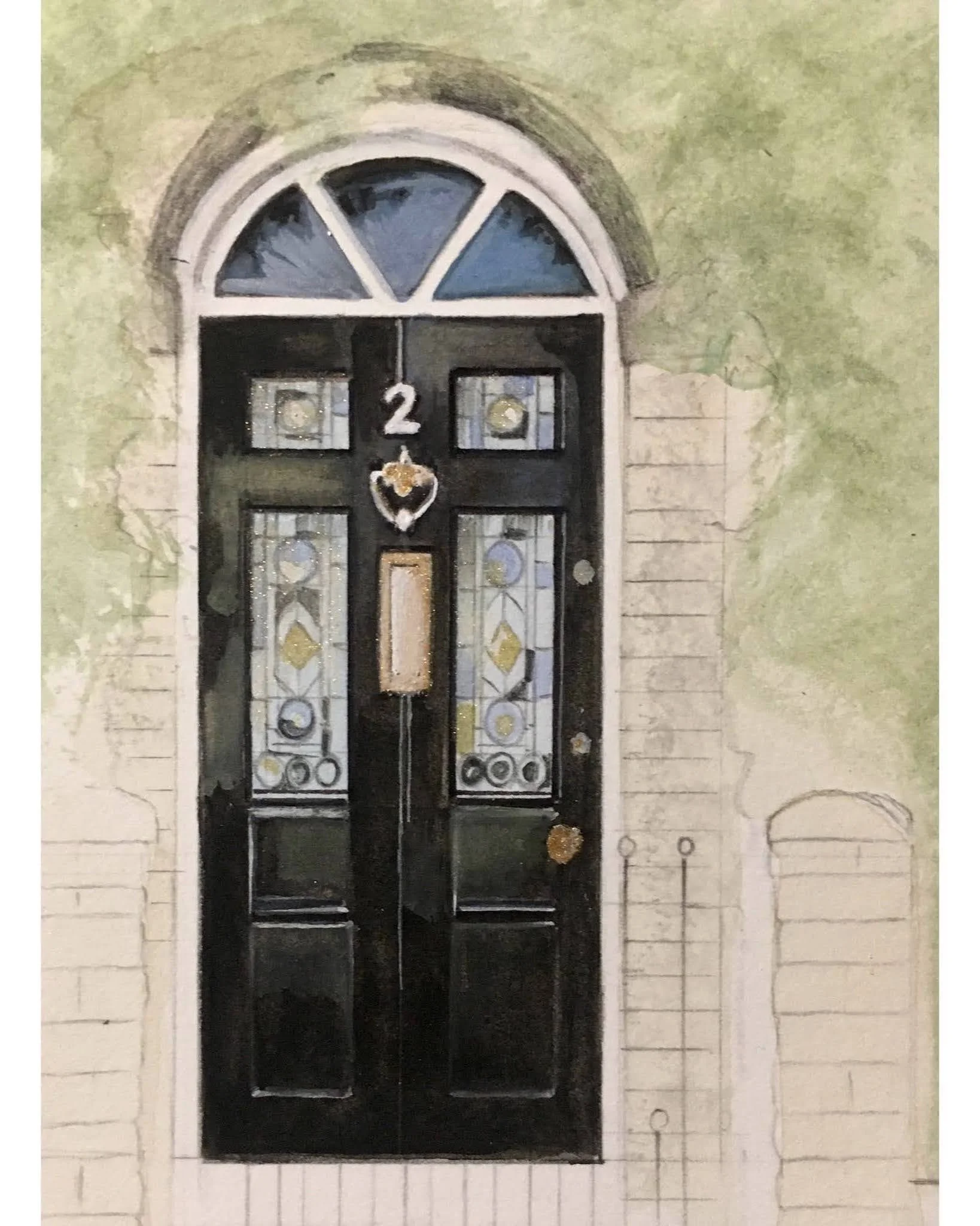 Painting in progress. Beautiful black Georgian door with its stainglass windows and brass fittings.
