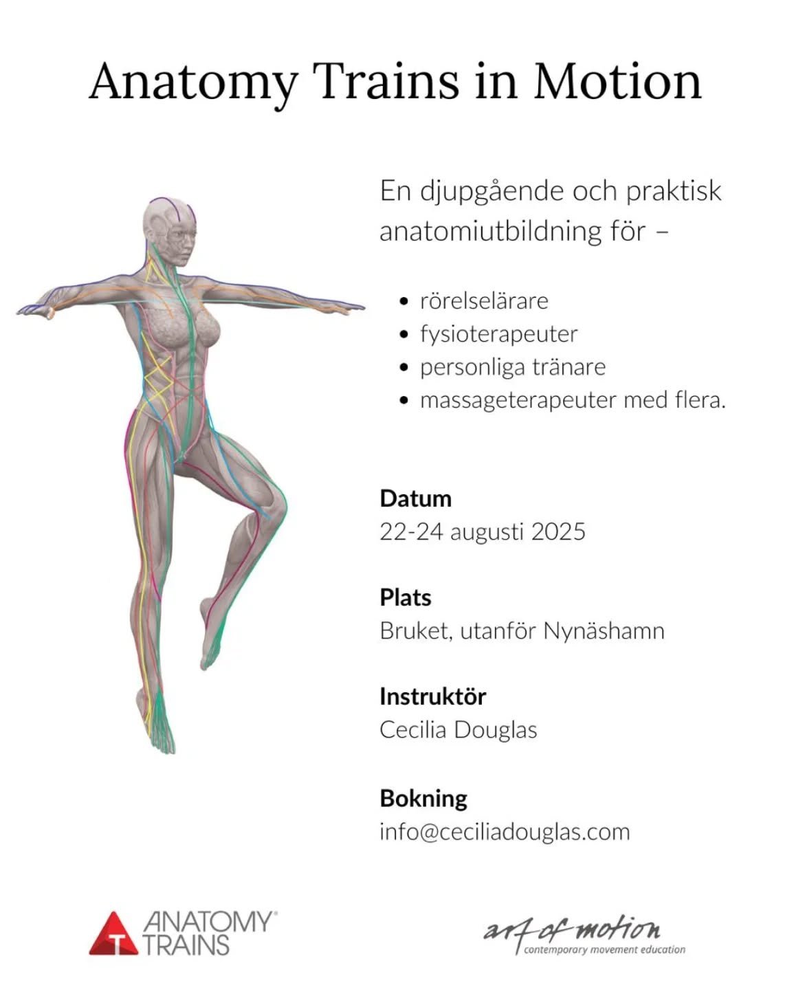 Anatomi Trains in Motion&reg; &auml;r en 3-dagars kurs i integrerad Anatomi i teori och praktik.

Anatomy Trains in Motion&reg; utvecklades av Karin Gurtner och bygger p&aring; den banbrytande boken Anatomy Trains av Thomas W. Myers. Kursen &auml;r o