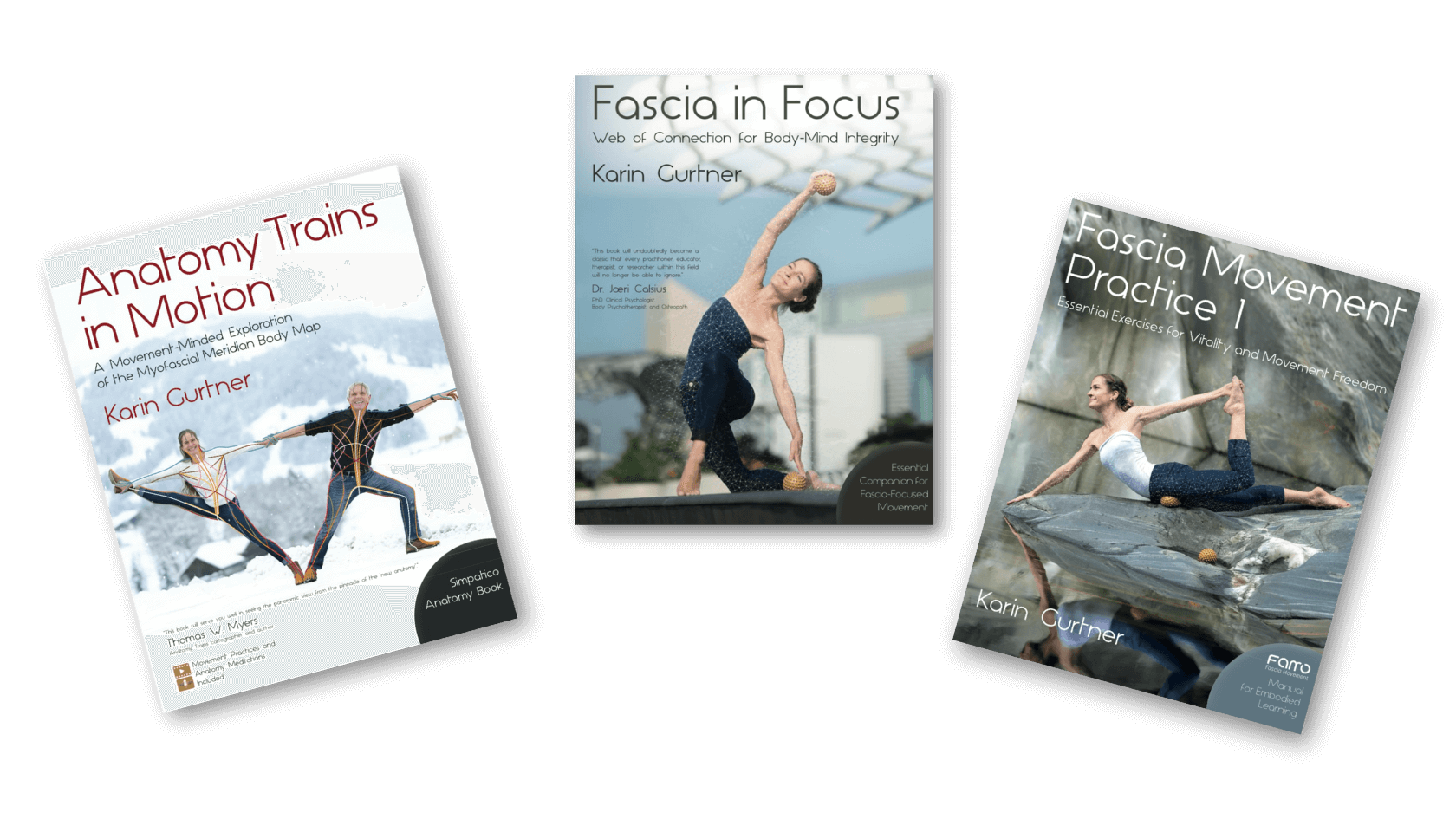 Tre bokomslag om rörelser och träning av Karin Gurnter. Den första visar två personer i rörelse med kroppsgrafik, den andra visar en kvinna i yogaposition med ett handobjekt, den tredje visar en kvinna i stretching på sten. Cecilia Douglas