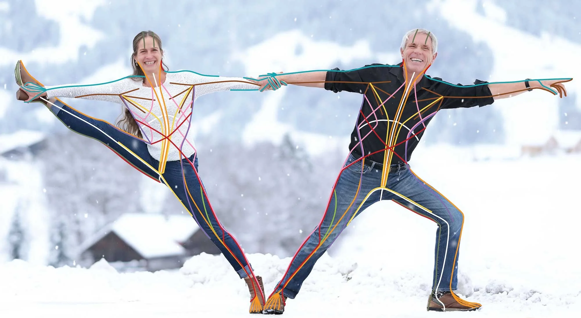 Kvinnas Man och kvinna balanserar tillsammans. Kurser i Anatomy Trains in Motion. Cecilia Douglas.