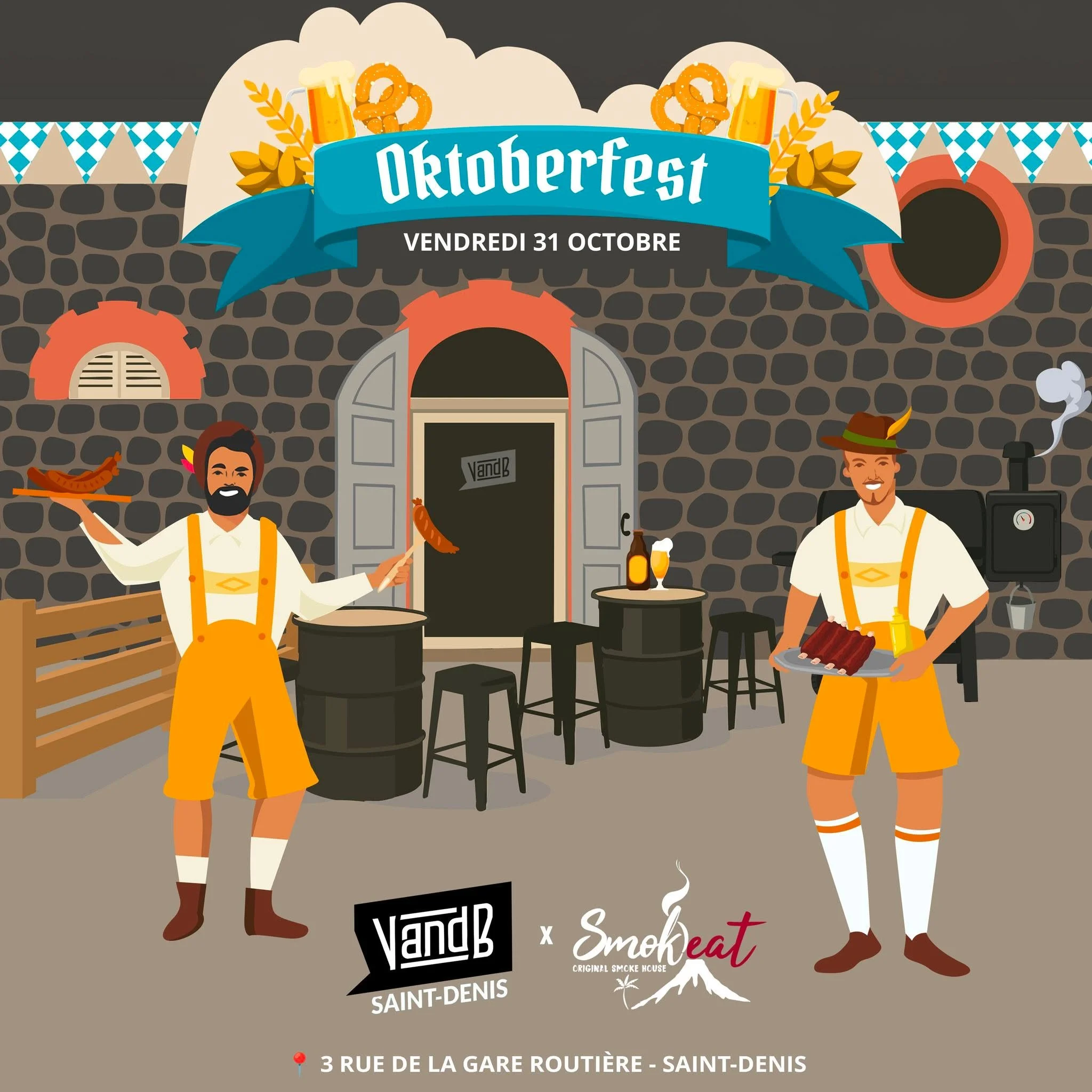 𝗢𝗞𝗧𝗢𝗕𝗘𝗥𝗙𝗘𝗦𝗧 🍻🍖🇩🇪

La team Smok&rsquo;eat te donne rendez-vous 𝘃𝗲𝗻𝗱𝗿𝗲𝗱𝗶 𝟯𝟭 𝗢𝗰𝘁𝗼𝗯𝗿𝗲 chez VandB &agrave; Saint-Denis pour l'oktoberfest 🍺

Au programme concert live de Kolia (ambiance folk/rock) de 19h &agrave; 21h puis 
