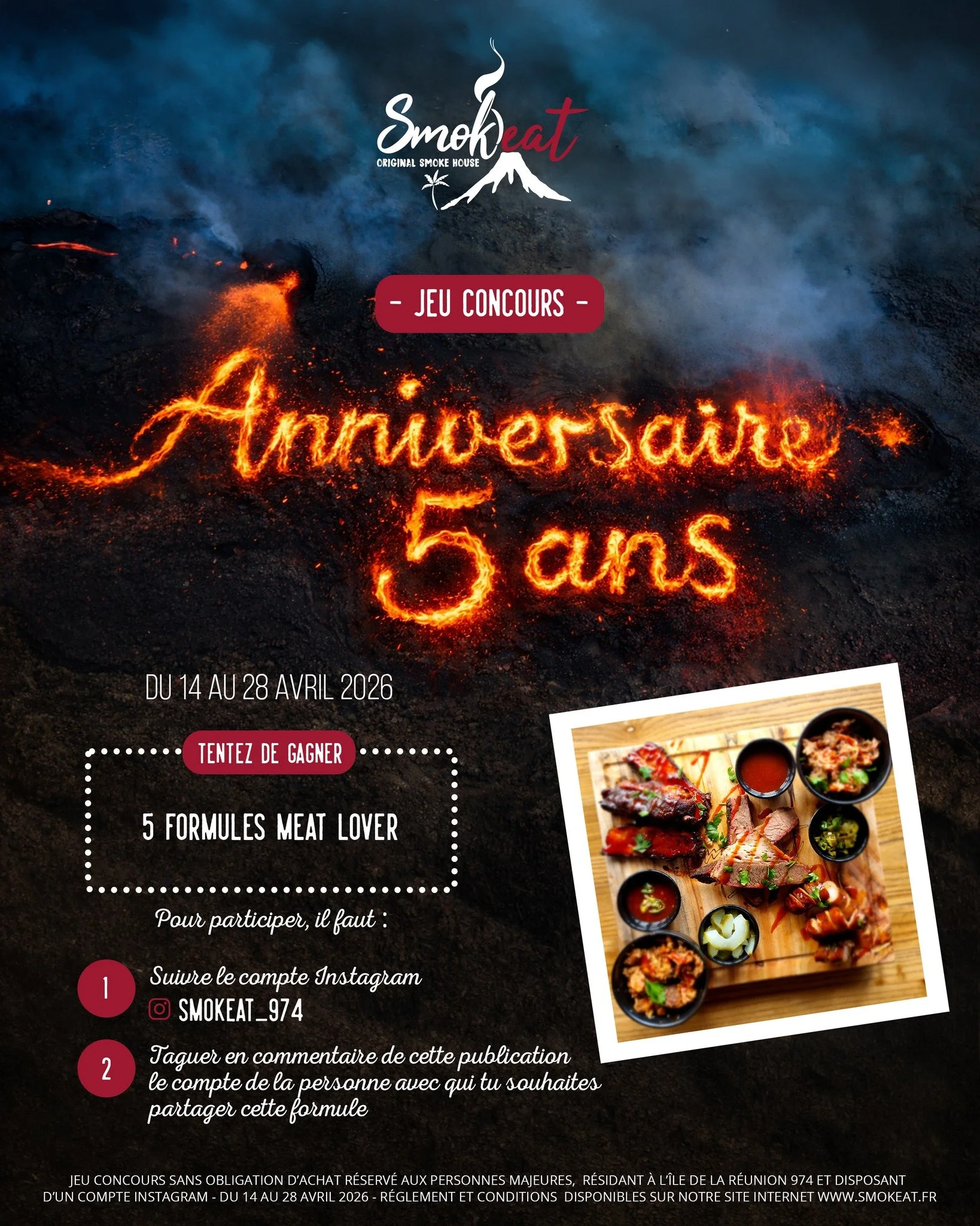Jeu concours &ndash; Anniversaire 5 ans 🎂🌋✨

Smok'eat c&eacute;l&egrave;bre ses 5 ans et pour f&ecirc;ter cela comme il se doit et vous remercier on vous propose un jeu concours sp&eacute;cial anniversaire. 𝗧𝗲𝗻𝘁𝗲𝘇 𝗱𝗲 𝗴𝗮𝗴𝗻𝗲𝗿 𝟱 𝗳𝗼𝗿?