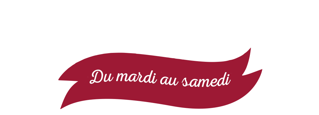 Logo avec le texte "Emporter" en blanc, et une bannière rouge avec "Du mardi au samedi" en blanc cursif.