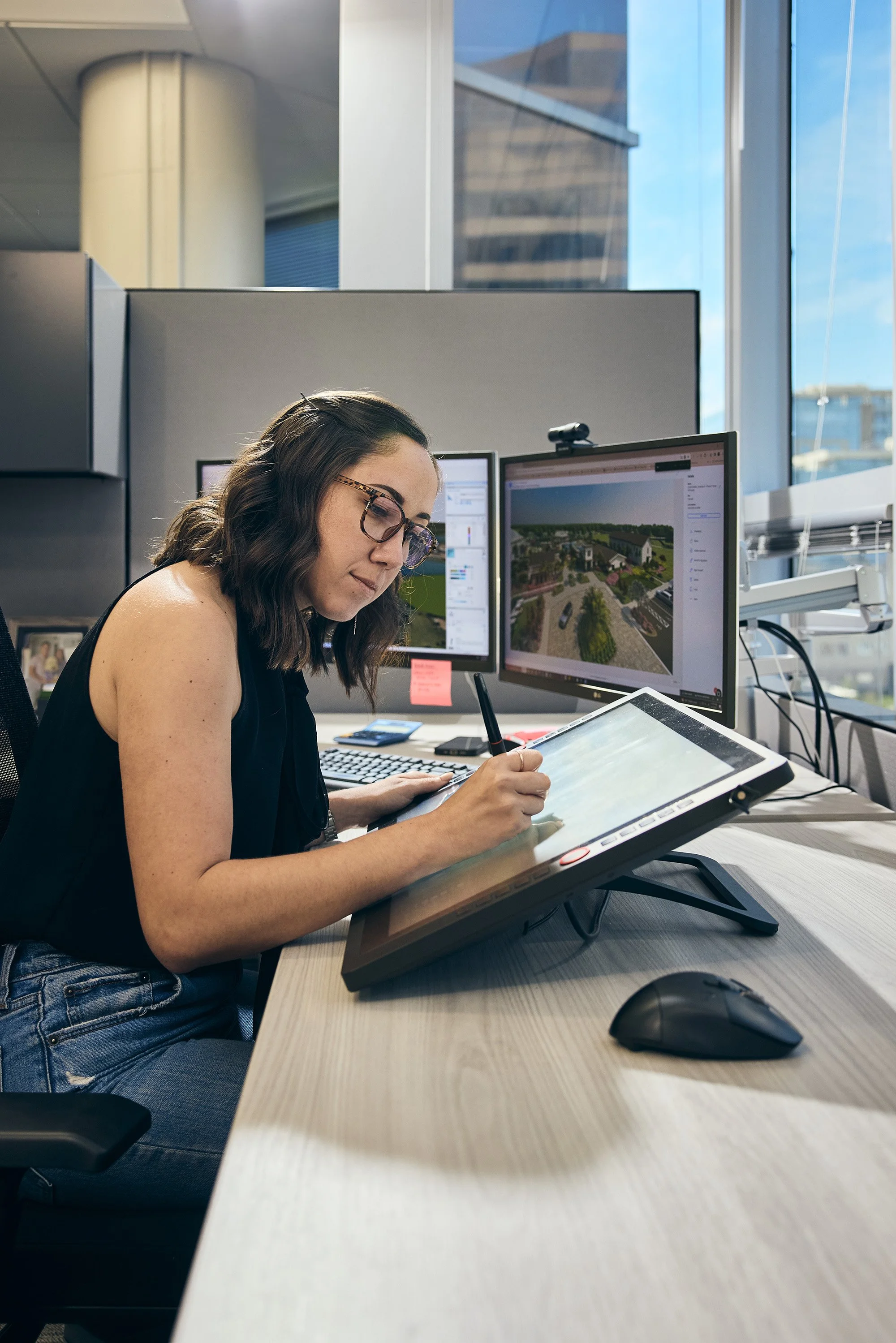 photograph of woman drafting plans on tablet