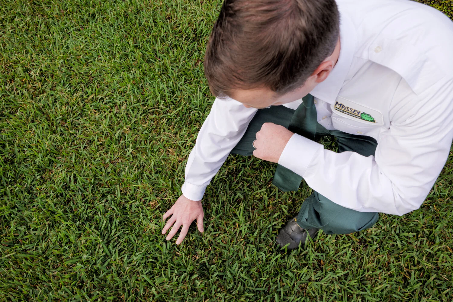 Massey Services technician with hand on yard doing inspection