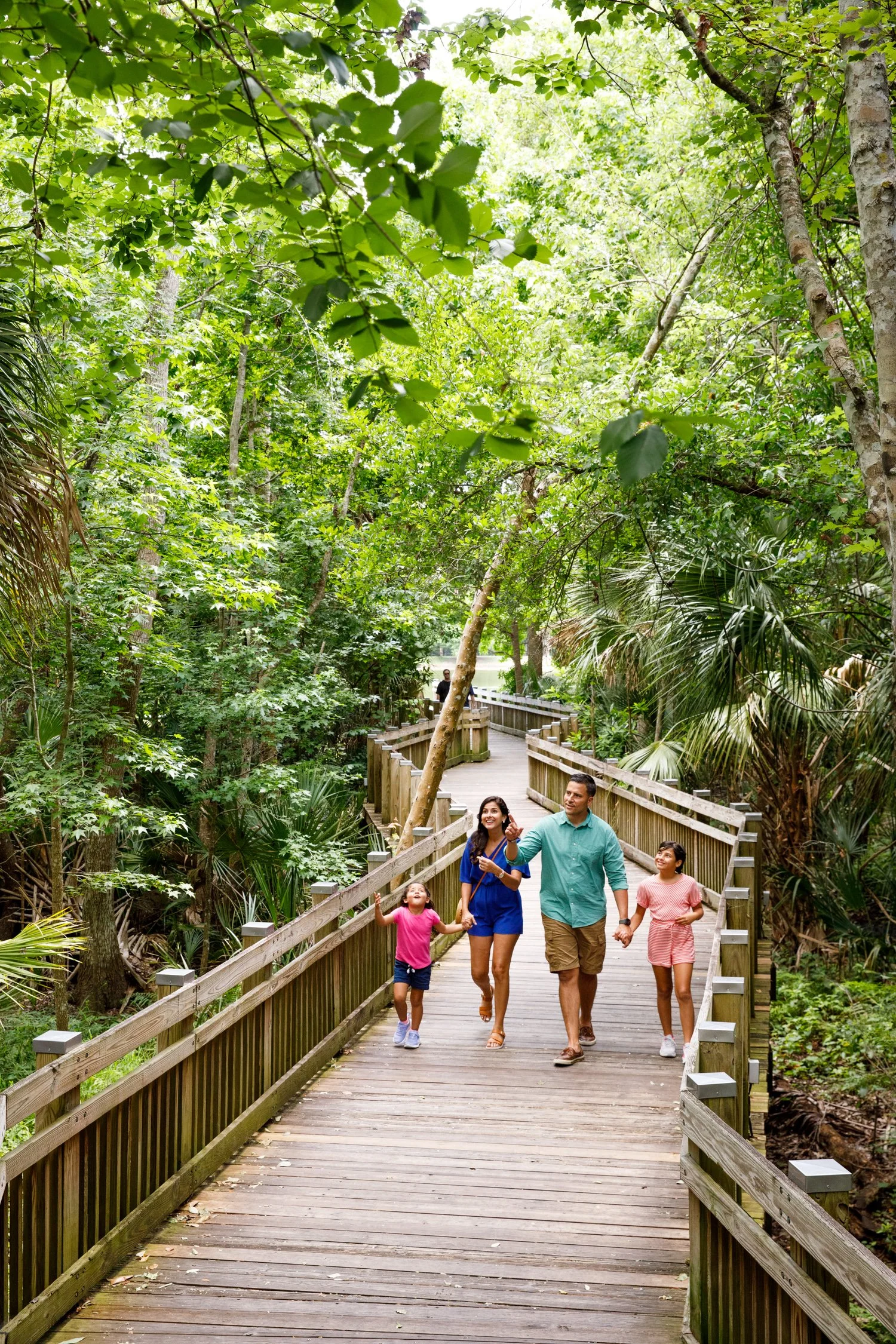 photograph of family walking on wooded boardwalk