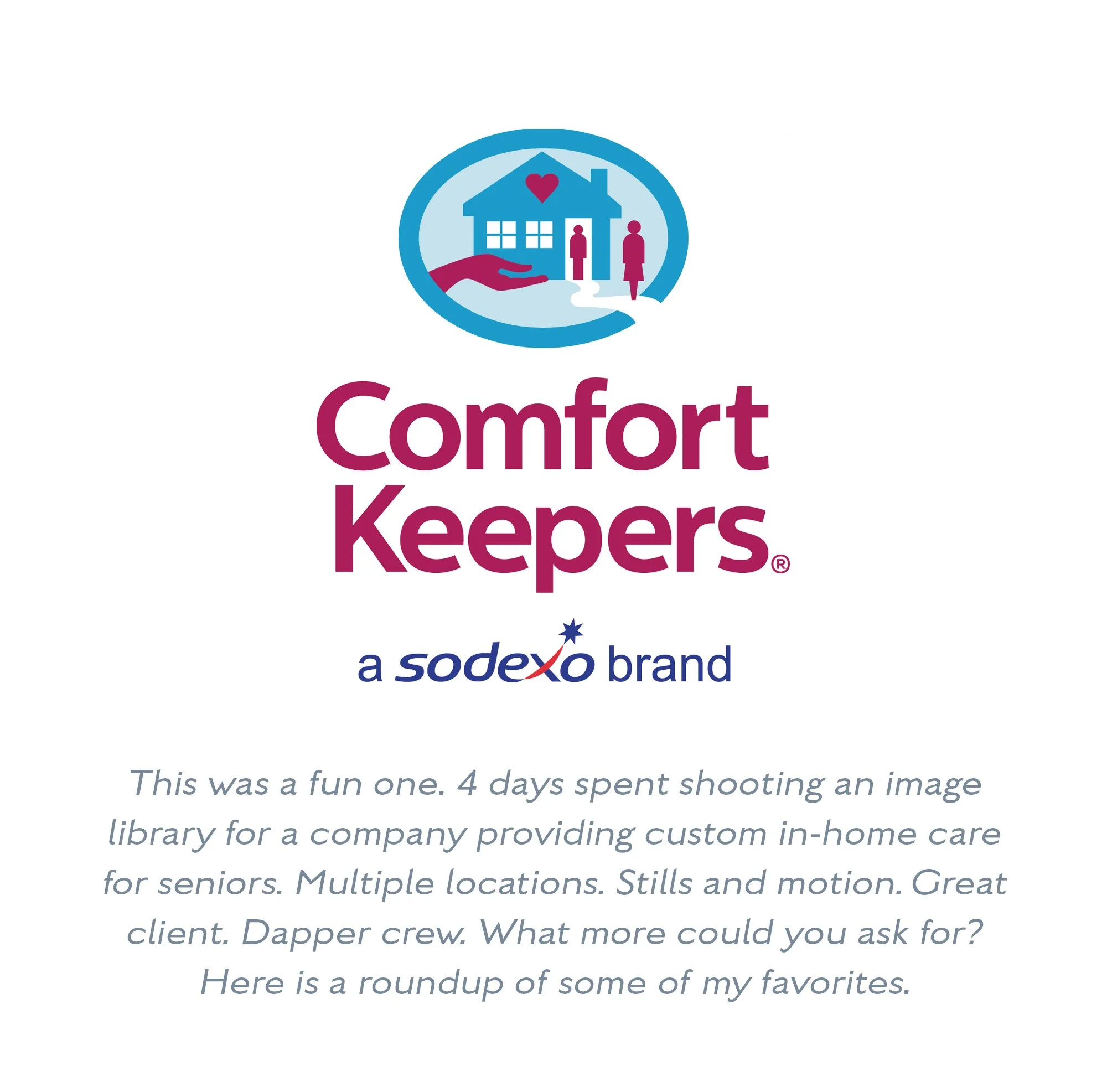 Comfort Keepers logo with "a Sodexo brand" text and a description about an image library shoot for senior in-home care.