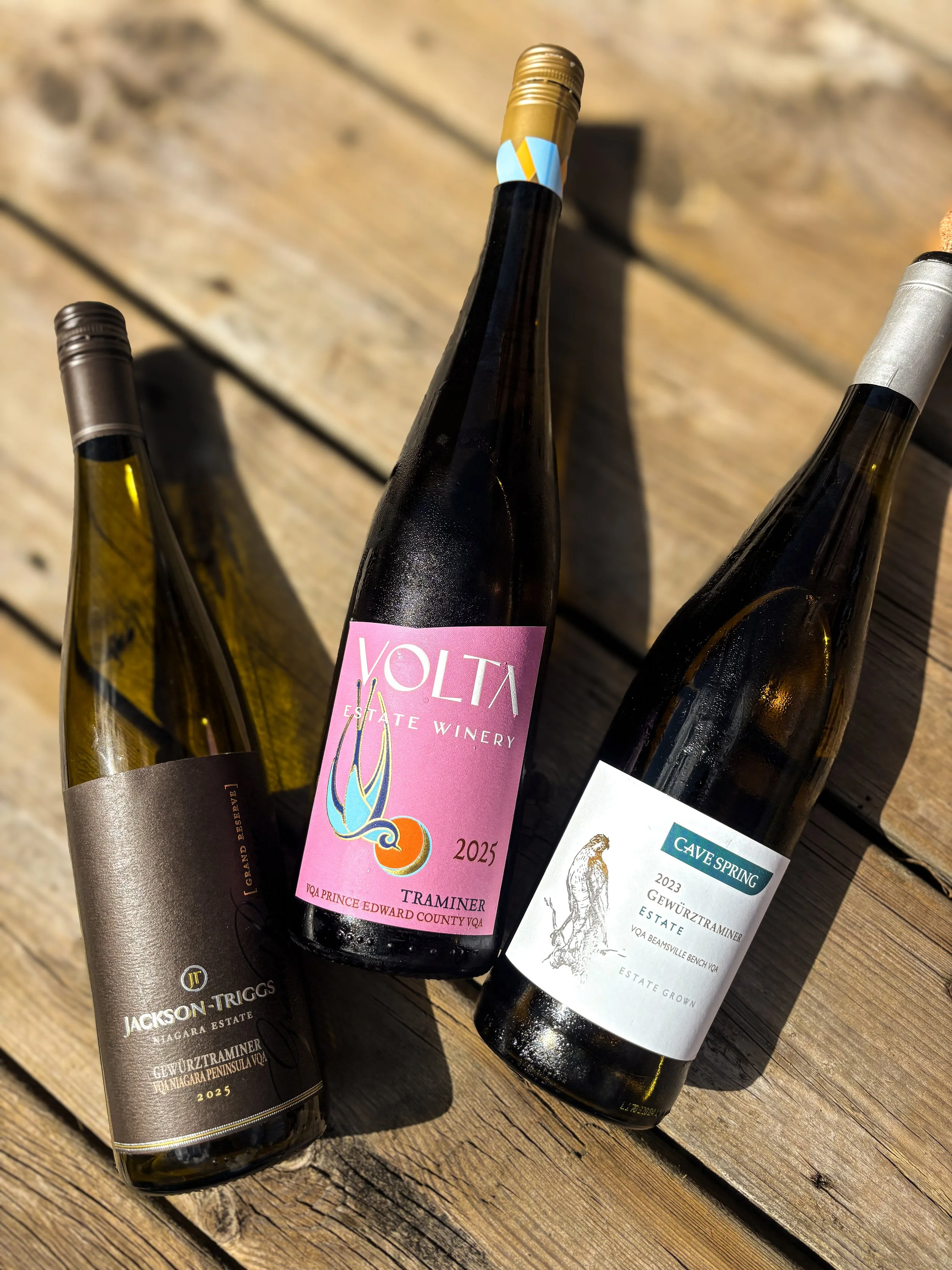 Ontario Gewurztraminer wine bottles