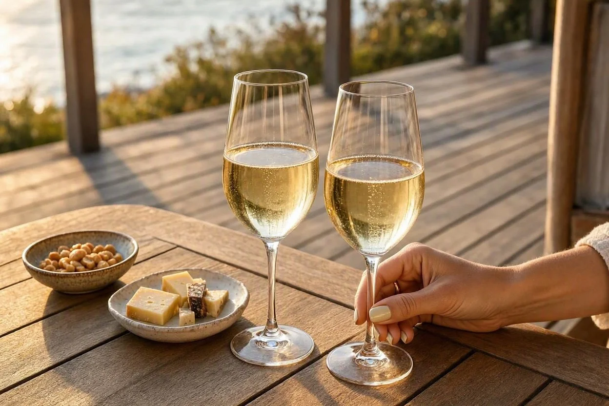 two glasses of Masottina Prosecco Superiore on a deck with cheese