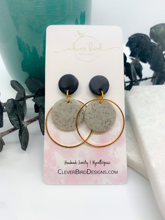 Handmade Clay Granite and Black Gold Earrings | Hypoallergenic | Clay Dangle Earrings