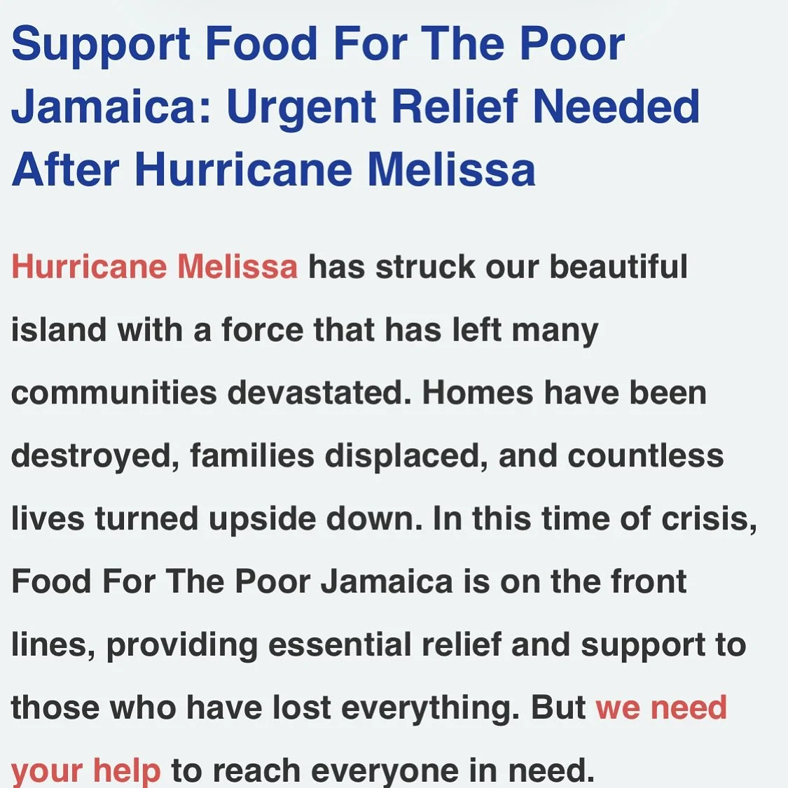 Even though the endless news cycle seems to have moved on, the team at Coram is still feeling profoundly affected by the aftereffects of Hurricane Melissa. Our team has folks from both Jamaica and Haiti, and at our team meeting last week, news was sh