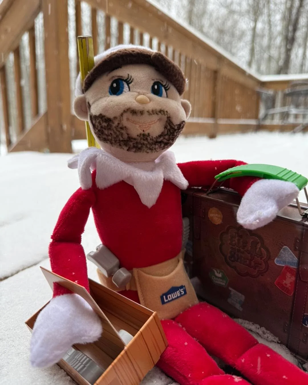 ❄️🧝Look what the snow blew in!
Chisel&rsquo;s back&mdash;fresh from No-Shave November, beard and all&hellip; kinda looks like someone. 🤔 

He showed up with a tiny suitcase, tool box, and tool belt.
It begins.

#brotoncontracting #chiseltheelf #elf