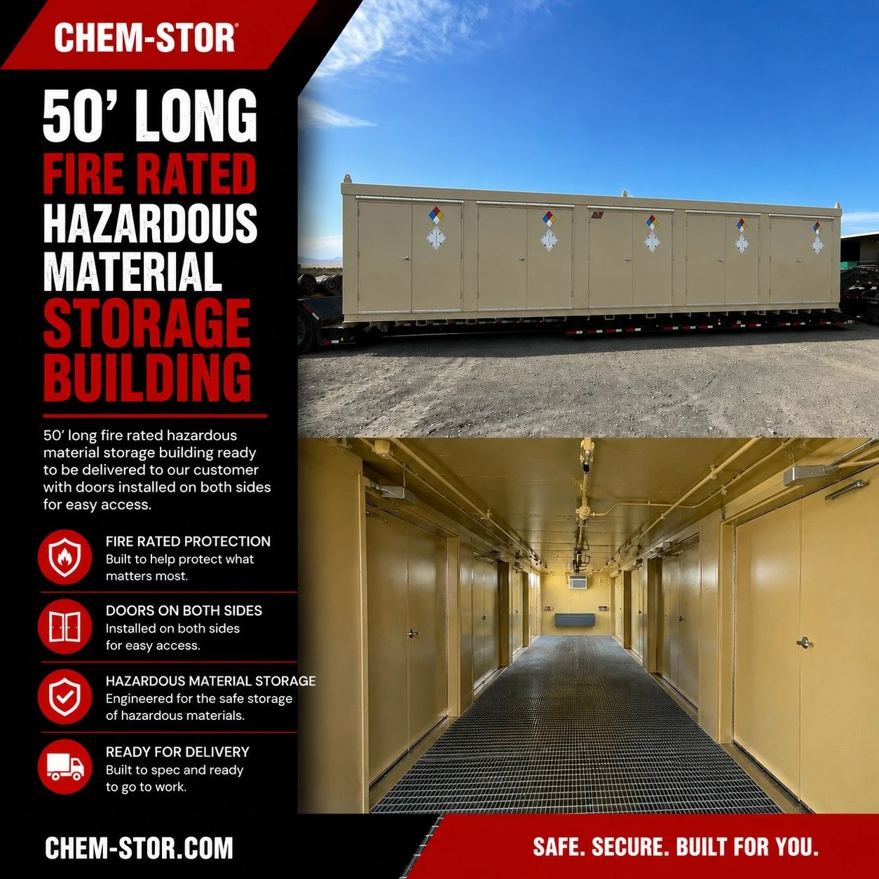 This 50 ft. long fire rated Hazardous Material Storage Building is headed to a customer requiring access from both sides of the structure.

Multiple side access doors provide convenient entry throughout the building, while the fire rated design deliv