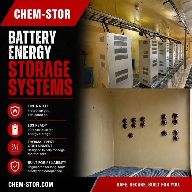 ⚡ Battery Energy Storage Systems engineered for safety, reliability, and long-term performance.

CHEM-STOR ESS buildings are designed for critical power applications with fire rated construction, modular scalability, and turnkey deployment solutions 