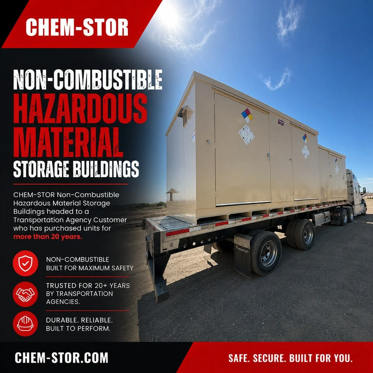 For more than 20 years, transportation agencies have trusted CHEM-STOR for hazardous material storage solutions built to perform in demanding environments.

These non-combustible hazardous material storage buildings are engineered for durability, saf